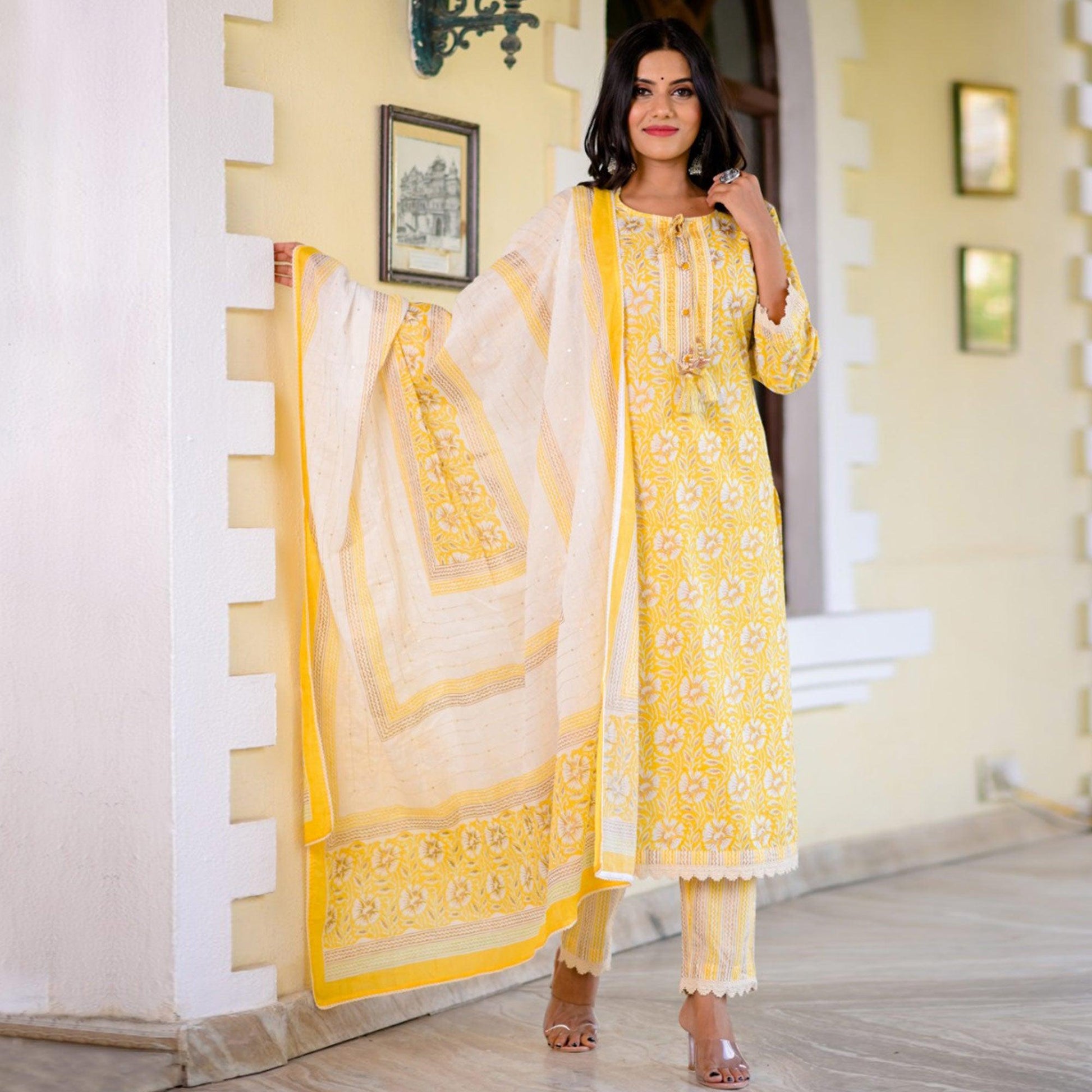 Flamboyant Yellow Colored Casual Printed Cotton Kurti Palazzo Set With Dupatta