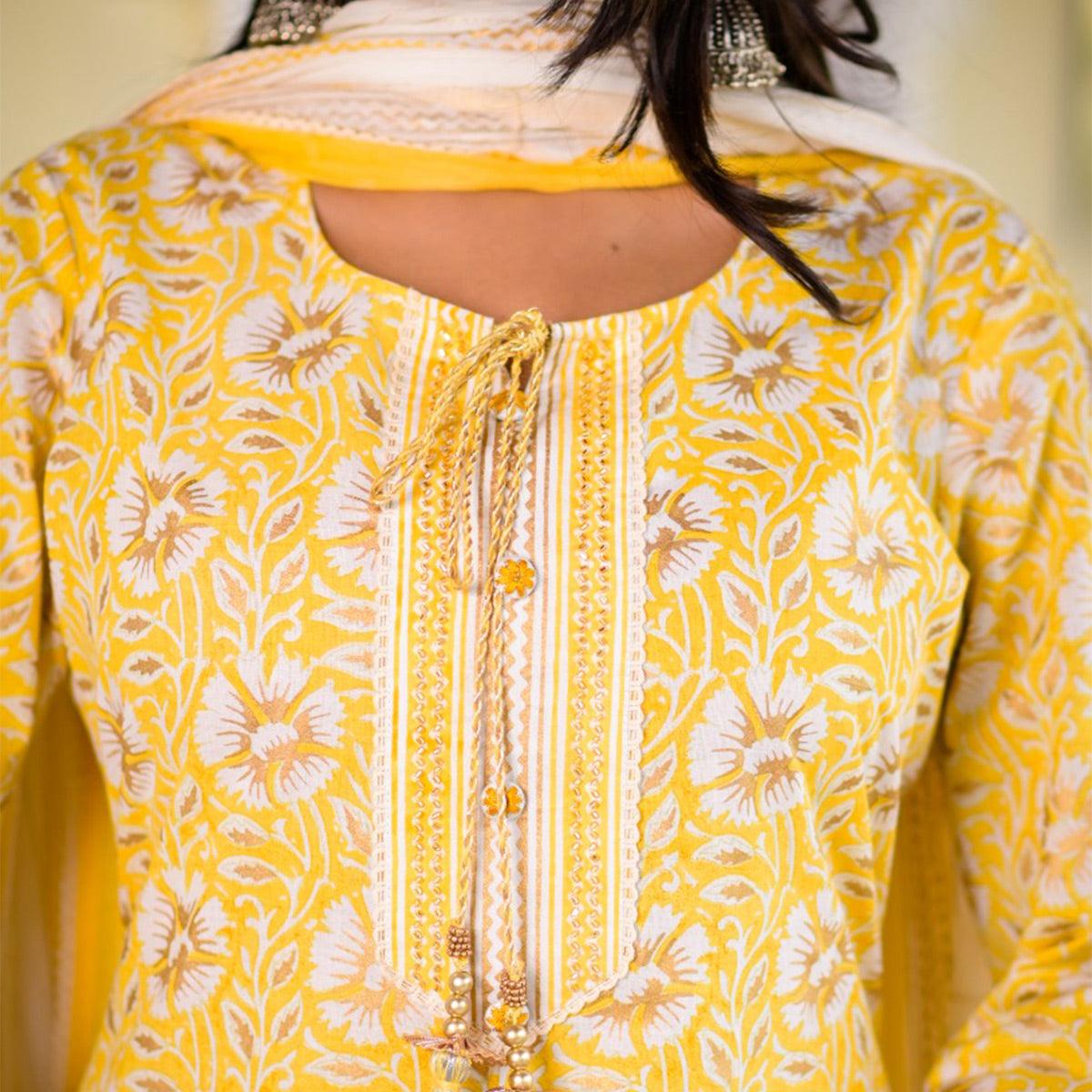 Flamboyant Yellow Colored Casual Printed Cotton Kurti Palazzo Set With Dupatta