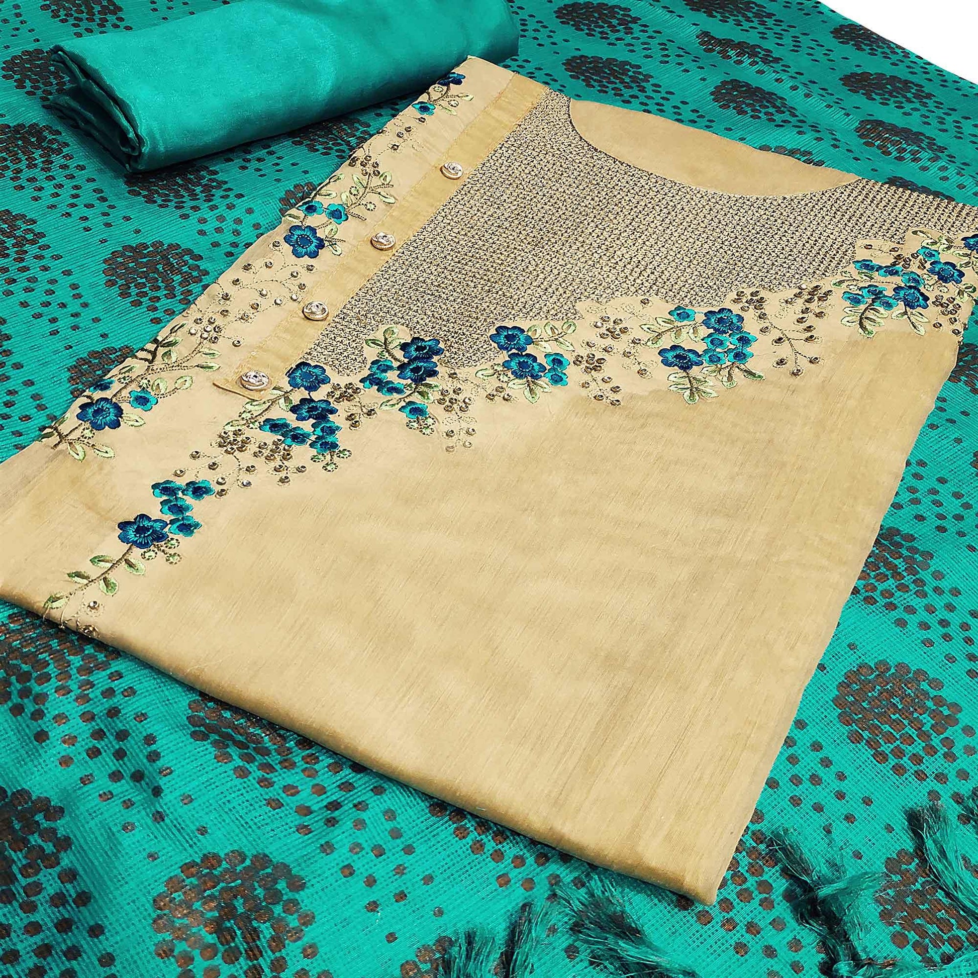 Flattering Beige-Aqua Blue Colored Casual Embroidered Modal Silk Dress Material