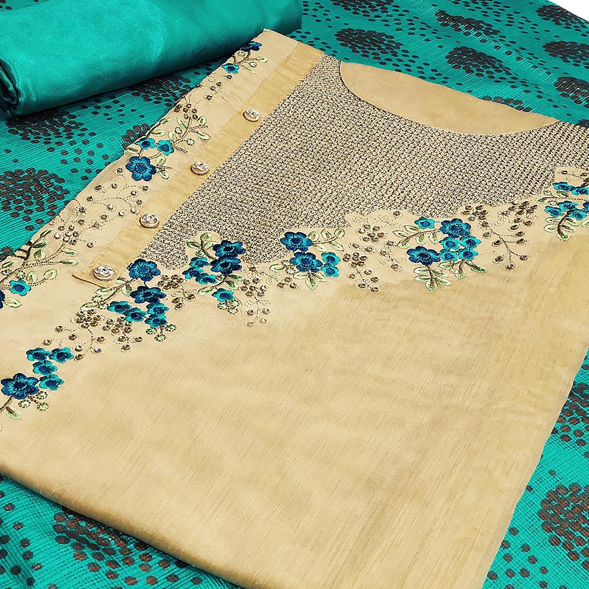 Flattering Beige-Aqua Blue Colored Casual Embroidered Modal Silk Dress Material