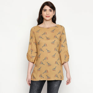 Flattering Beige Colored Casual Wear Printed Cotton Western Top
