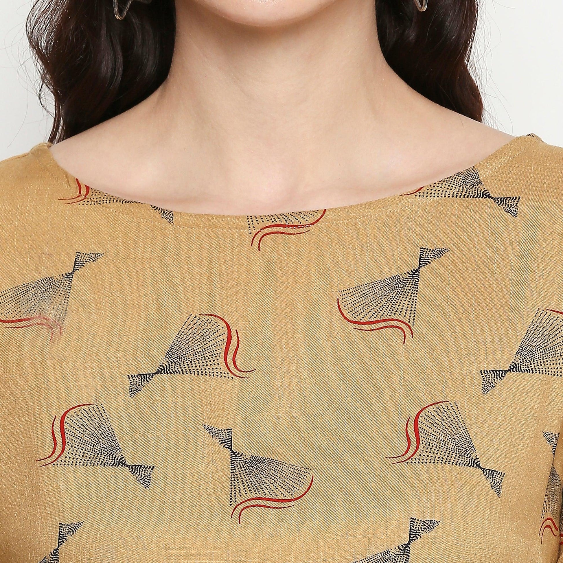 Flattering Beige Colored Casual Wear Printed Cotton Western Top