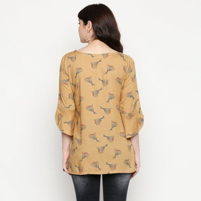 Flattering Beige Colored Casual Wear Printed Cotton Western Top