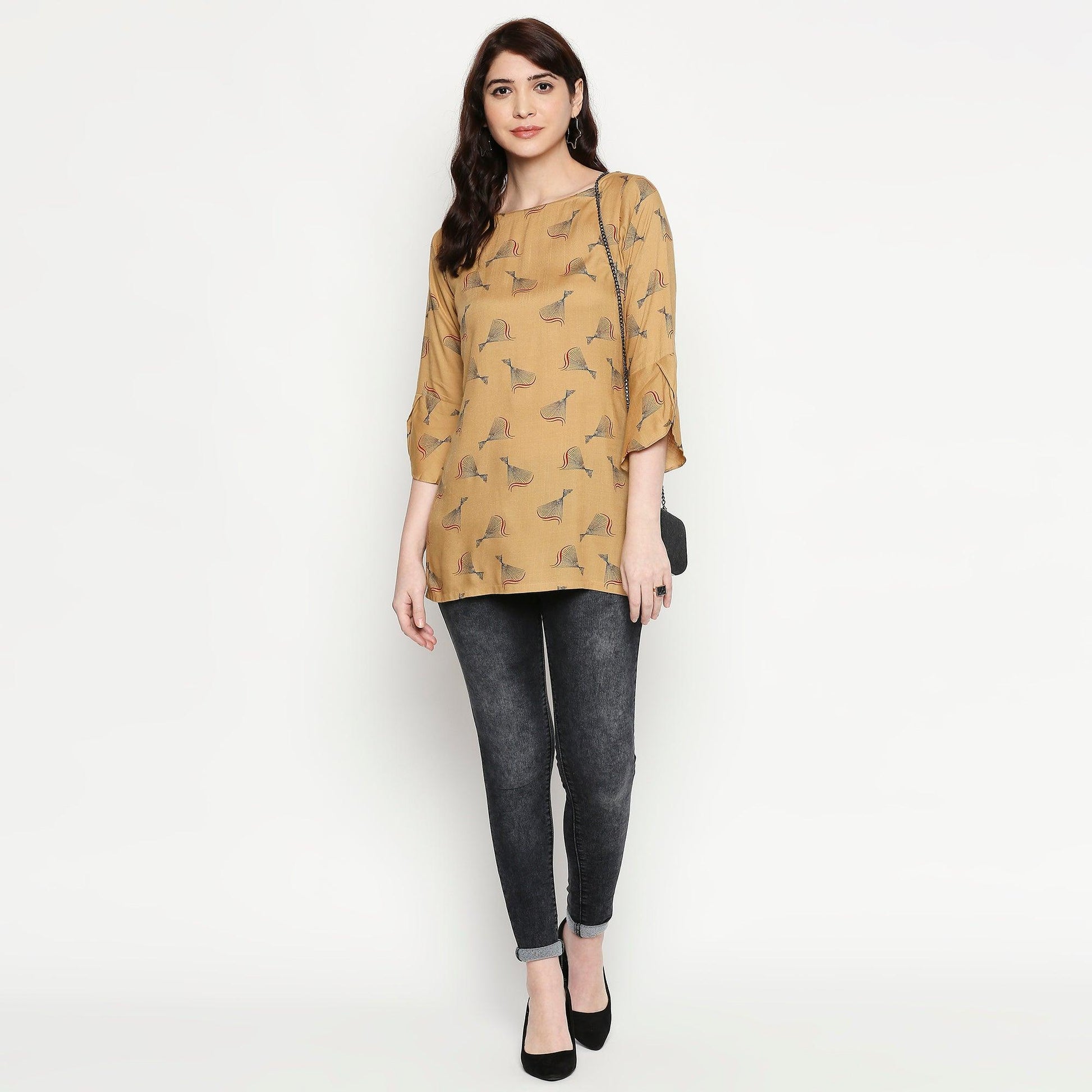 Flattering Beige Colored Casual Wear Printed Cotton Western Top