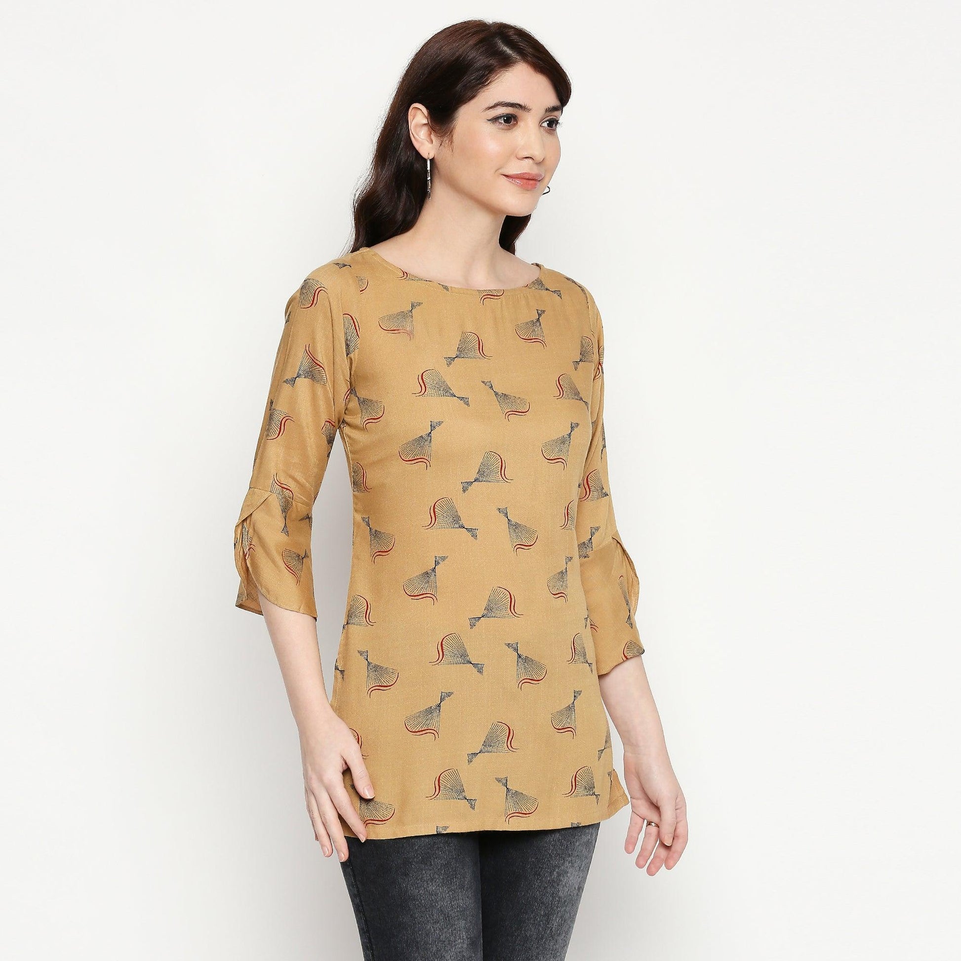 Flattering Beige Colored Casual Wear Printed Cotton Western Top