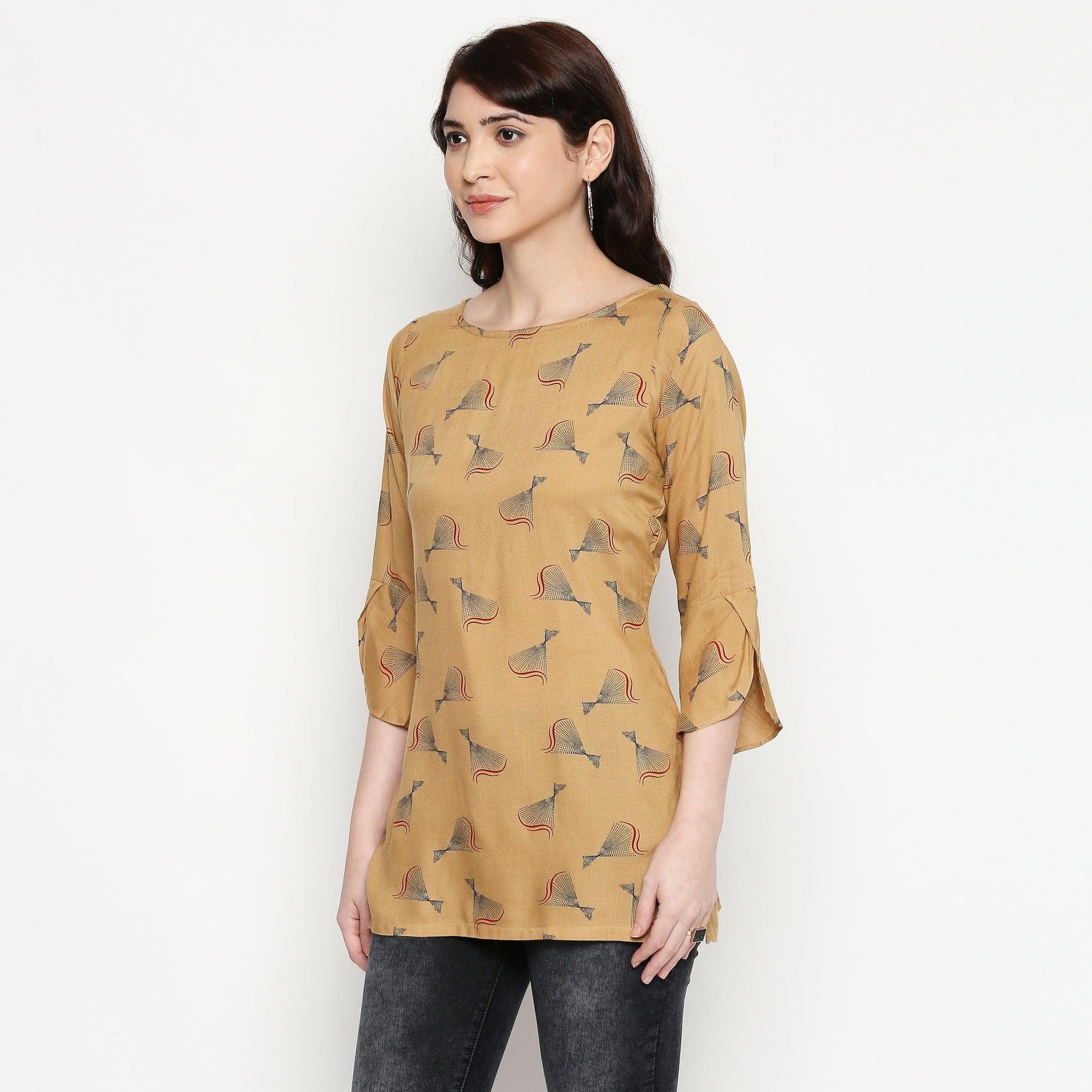 Flattering Beige Colored Casual Wear Printed Cotton Western Top
