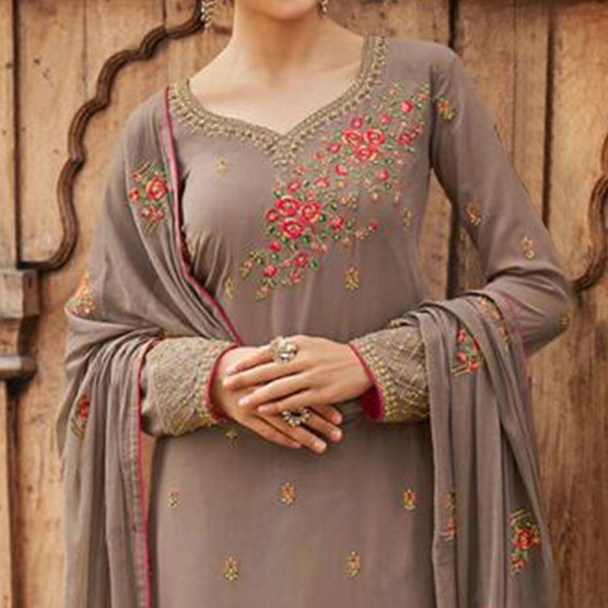 Flattering Beige Colored Partywear Embroidered Faux georgette Salwar Suit