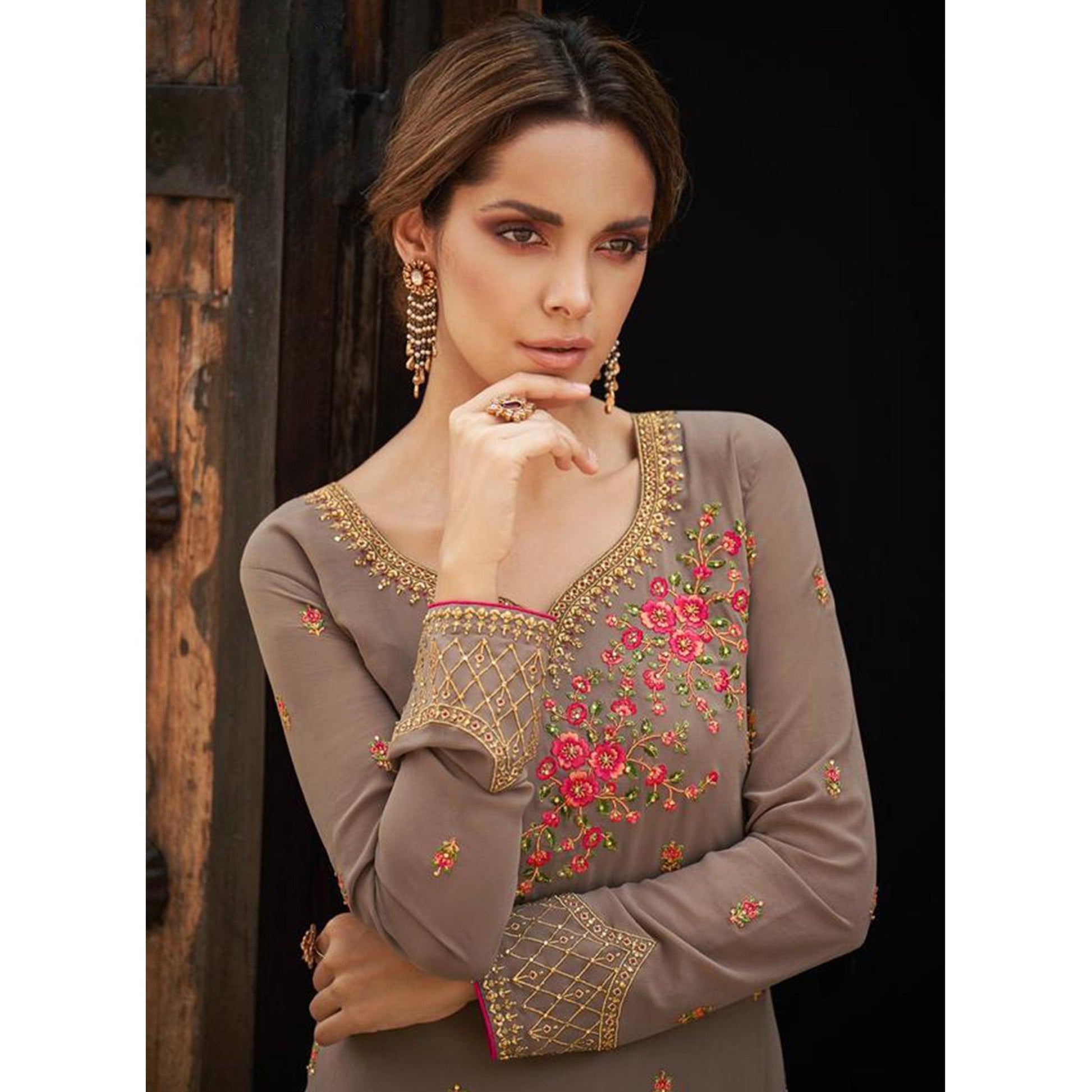Flattering Beige Colored Partywear Embroidered Faux georgette Salwar Suit