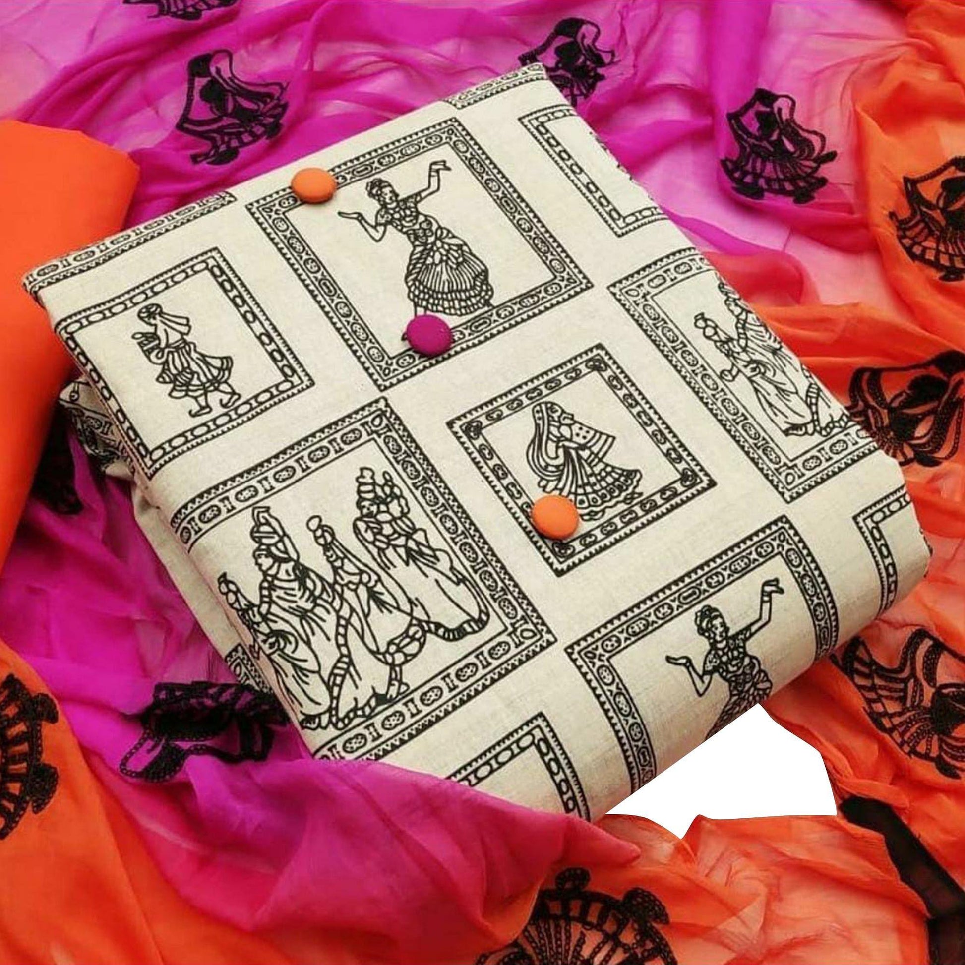 Flattering Beige-Orange Colored Casual Wear Printed Cotton Dress Material