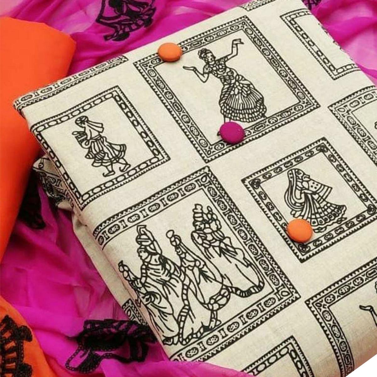 Flattering Beige-Orange Colored Casual Wear Printed Cotton Dress Material