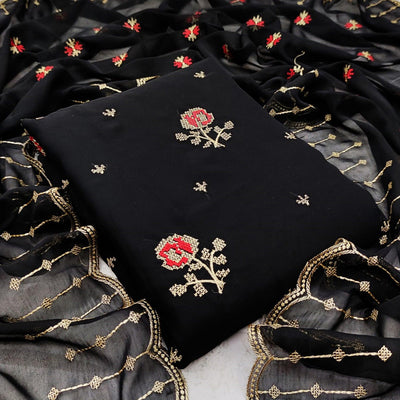 Flattering Black Colored Casual Wear Embroidered Georgette Dress Material