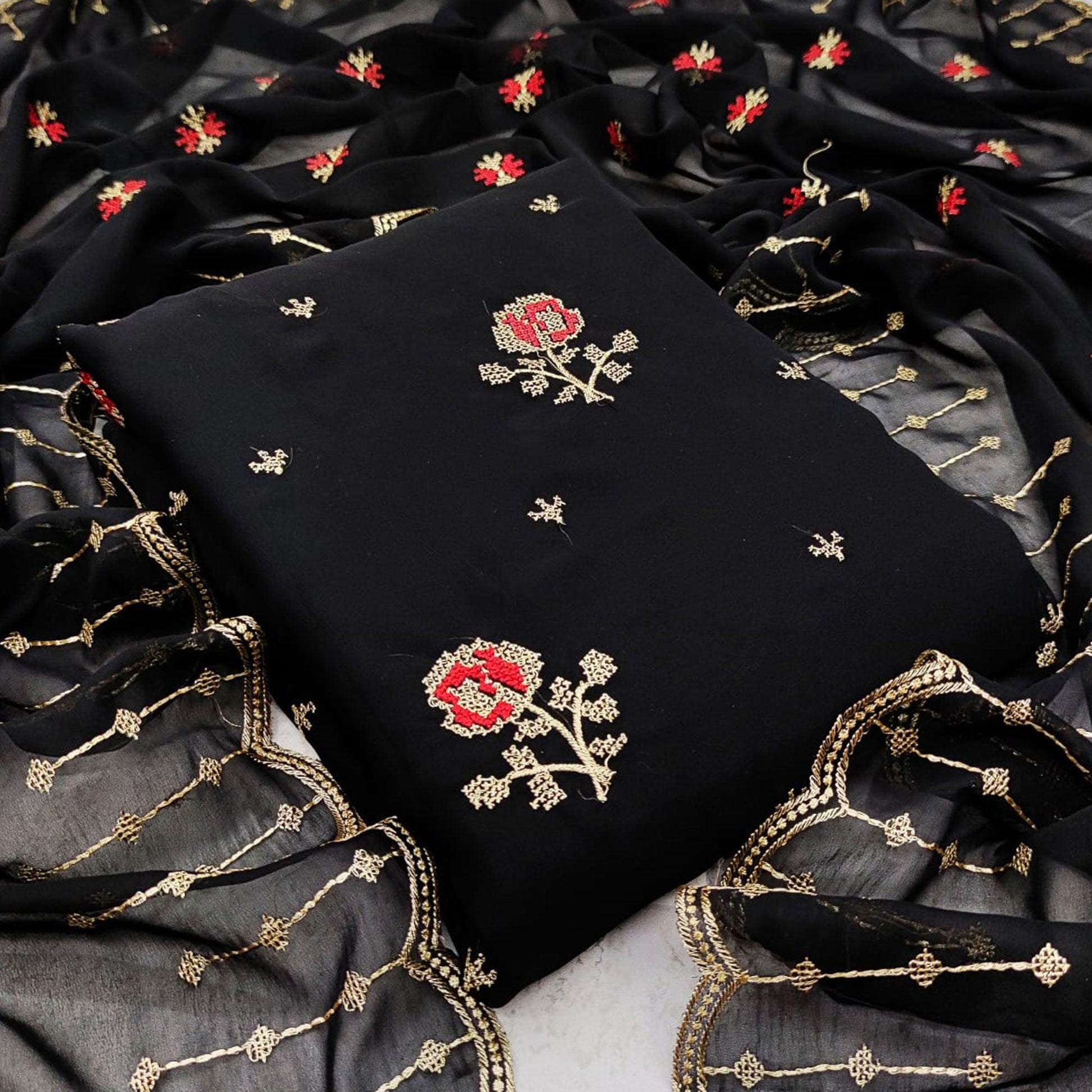 Flattering Black Colored Casual Wear Embroidered Georgette Dress Material