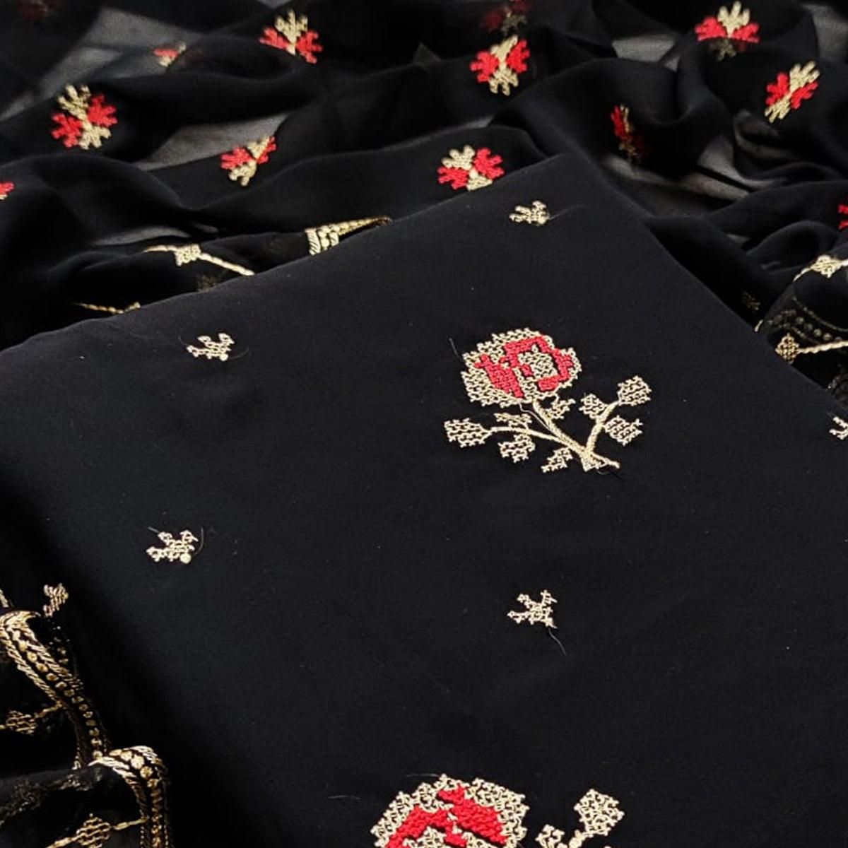 Flattering Black Colored Casual Wear Embroidered Georgette Dress Material