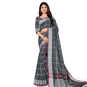 Flattering Black Colored Fesive Wear Stripe Print Cotton Silk Saree With Tassels