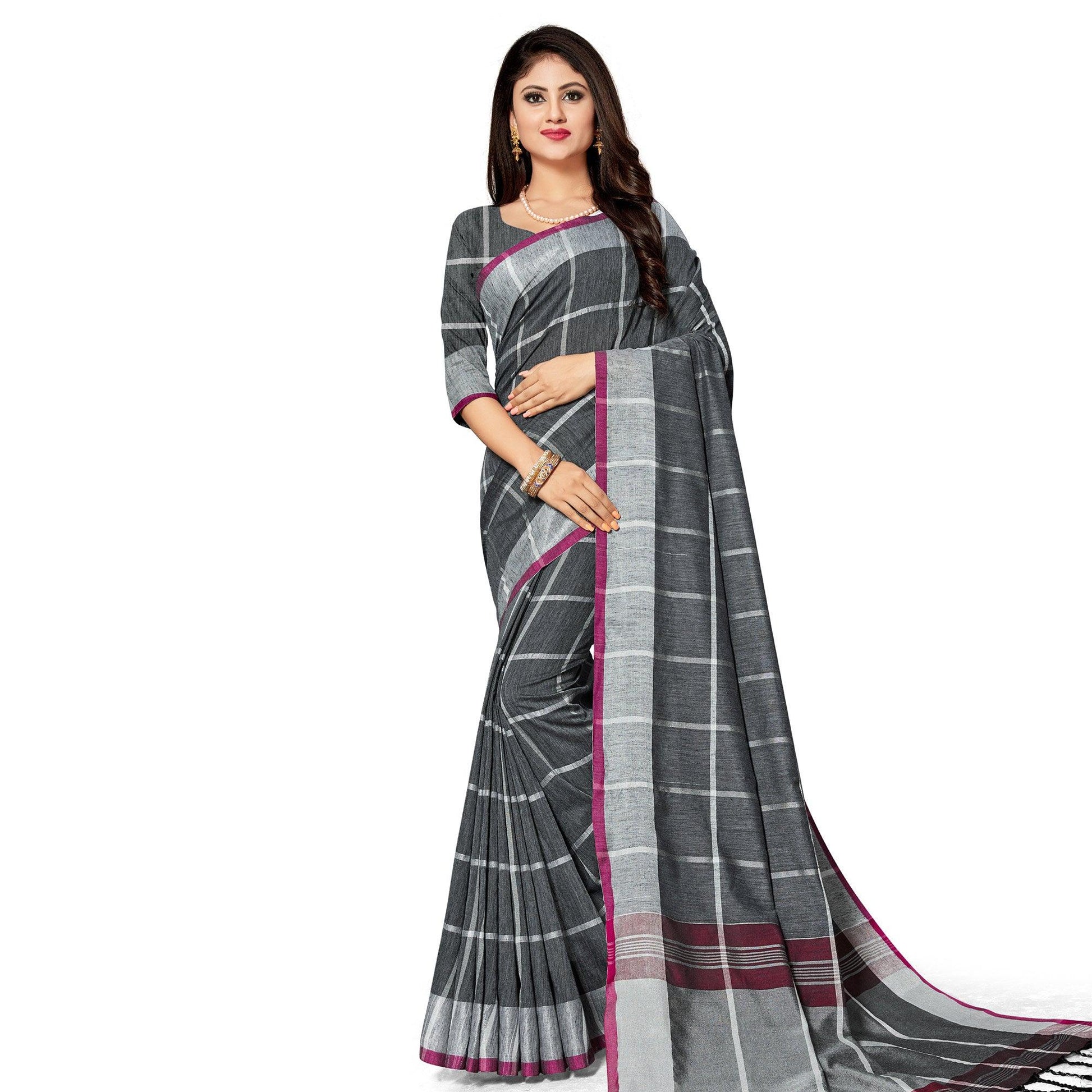 Flattering Black Colored Fesive Wear Stripe Print Cotton Silk Saree With Tassels
