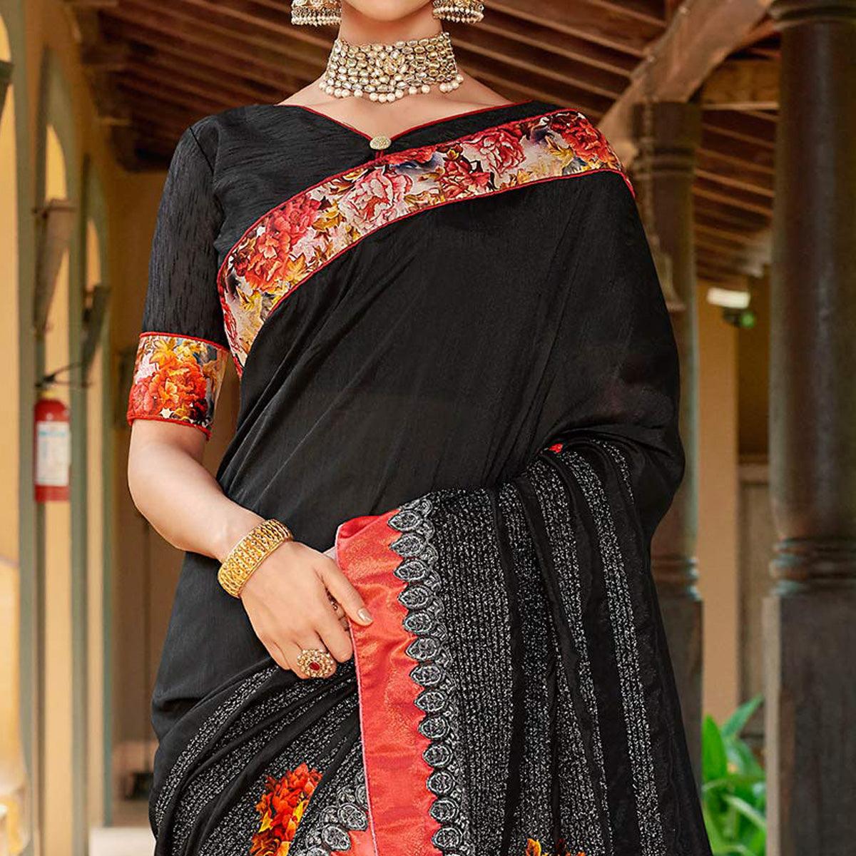 Flattering Black Colored Partywear Embroidered Art Silk Saree