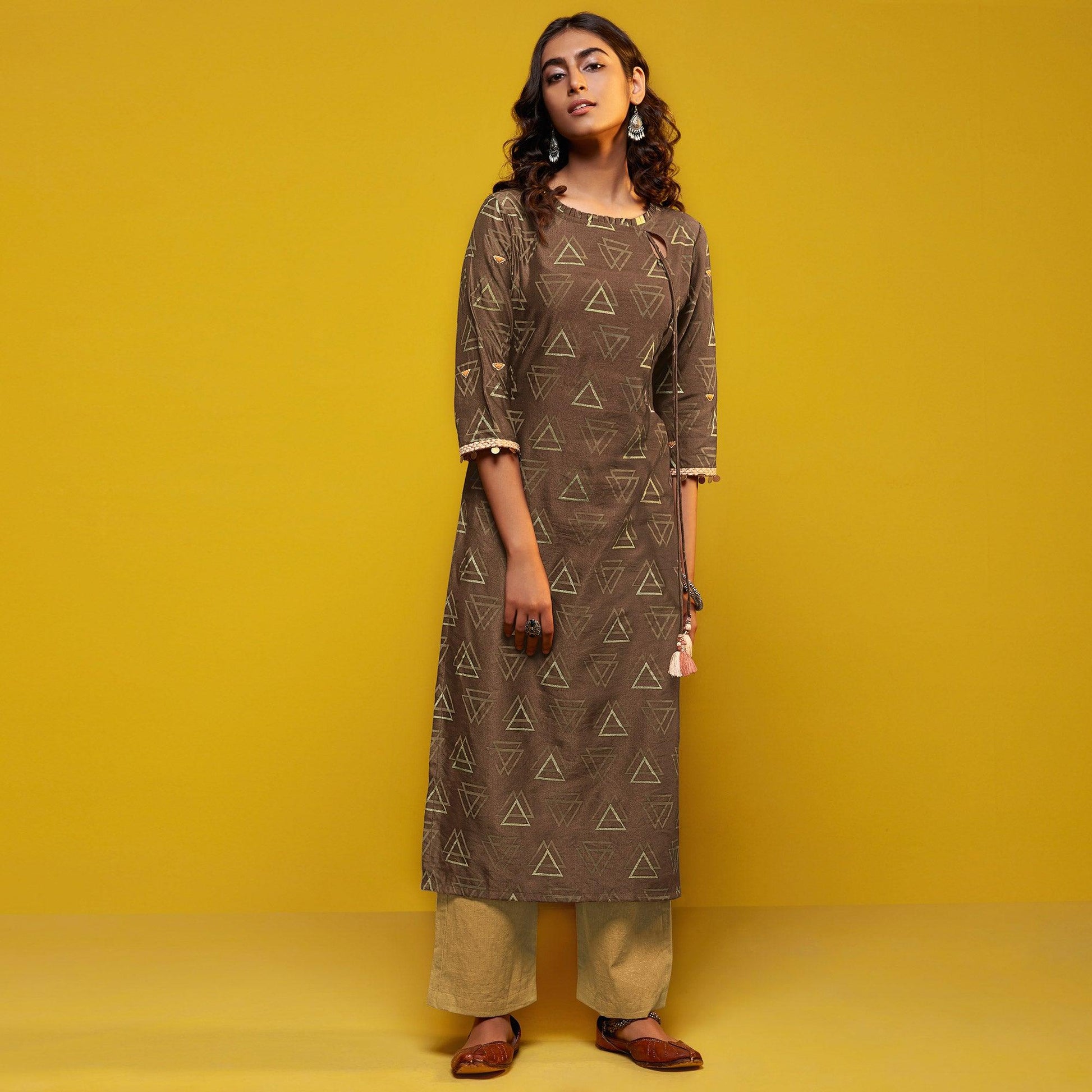 Flattering Brown Colored Casual Printed Cotton Silk Kurti-Bottom Set