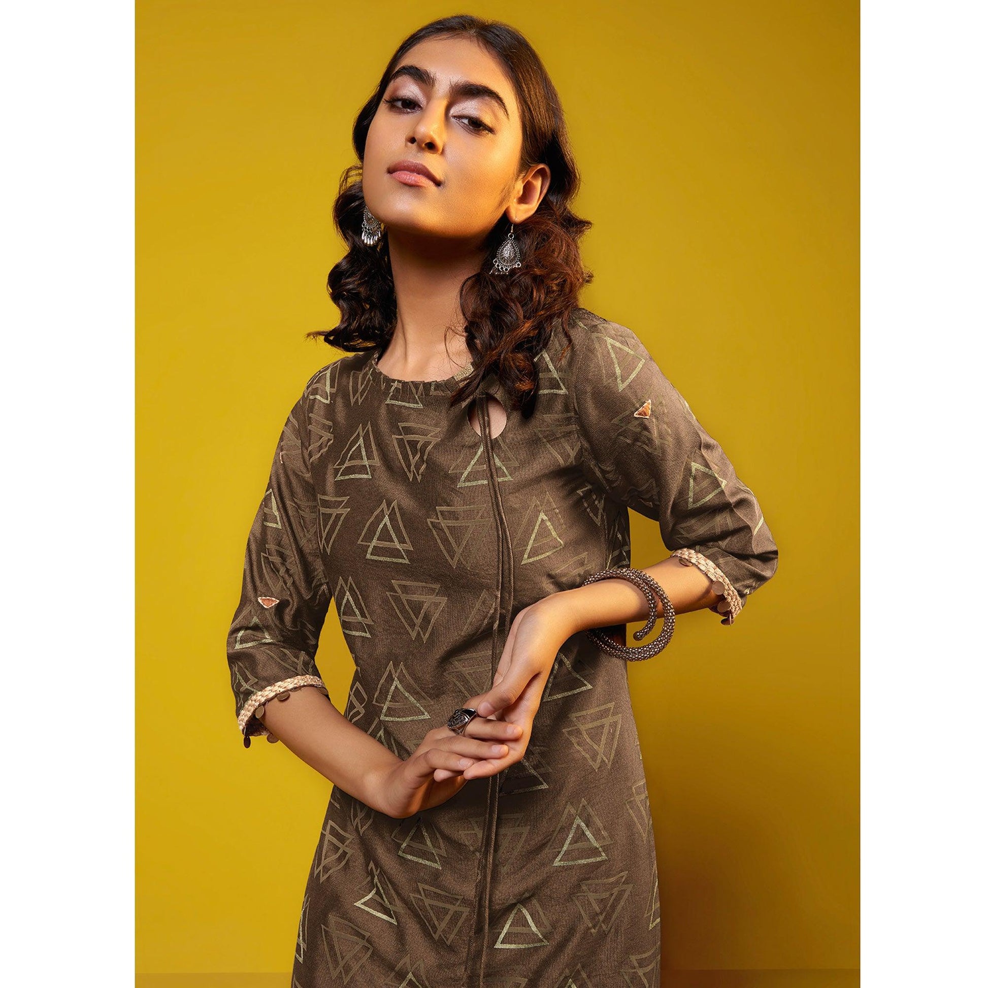Flattering Brown Colored Casual Printed Cotton Silk Kurti-Bottom Set