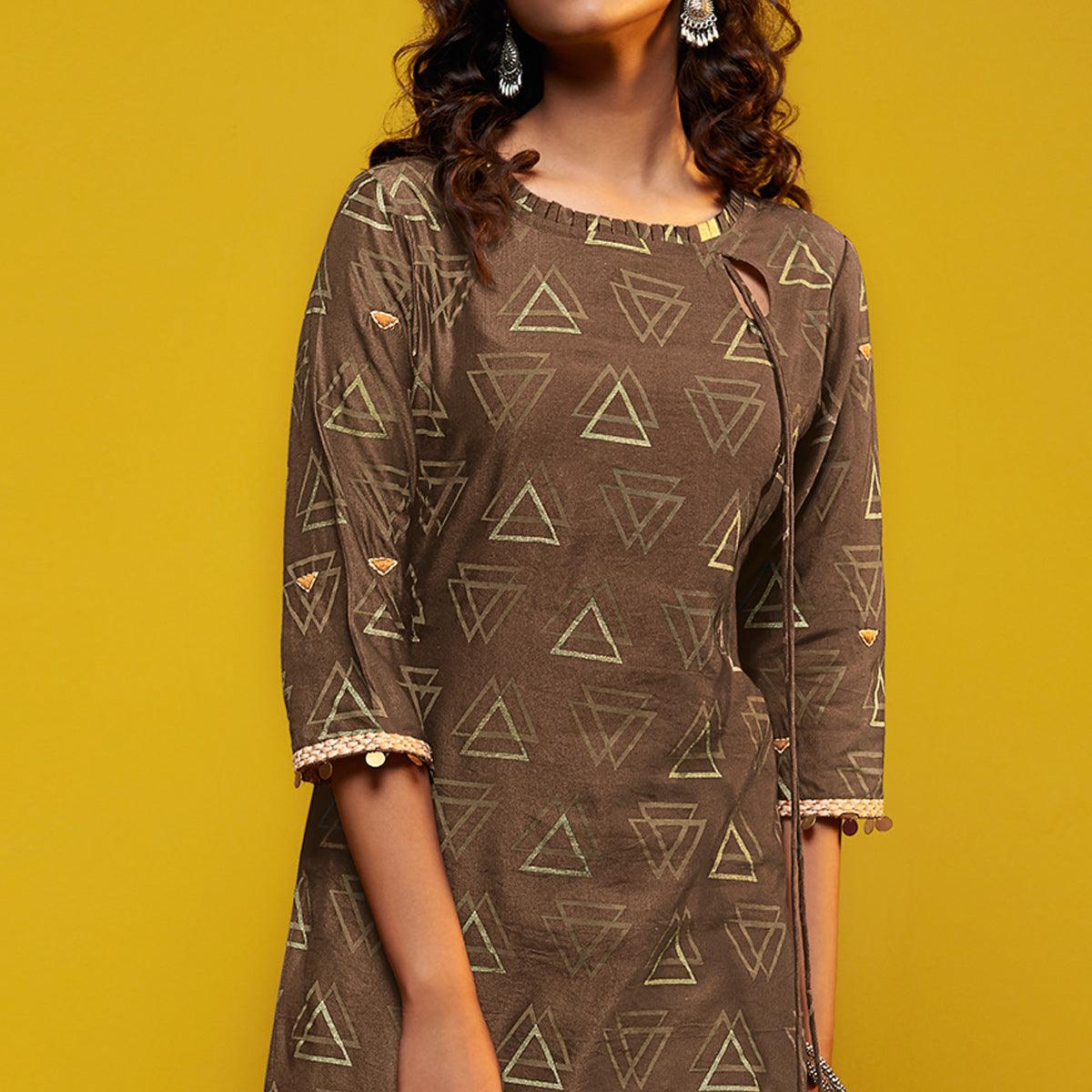 Flattering Brown Colored Casual Printed Cotton Silk Kurti-Bottom Set