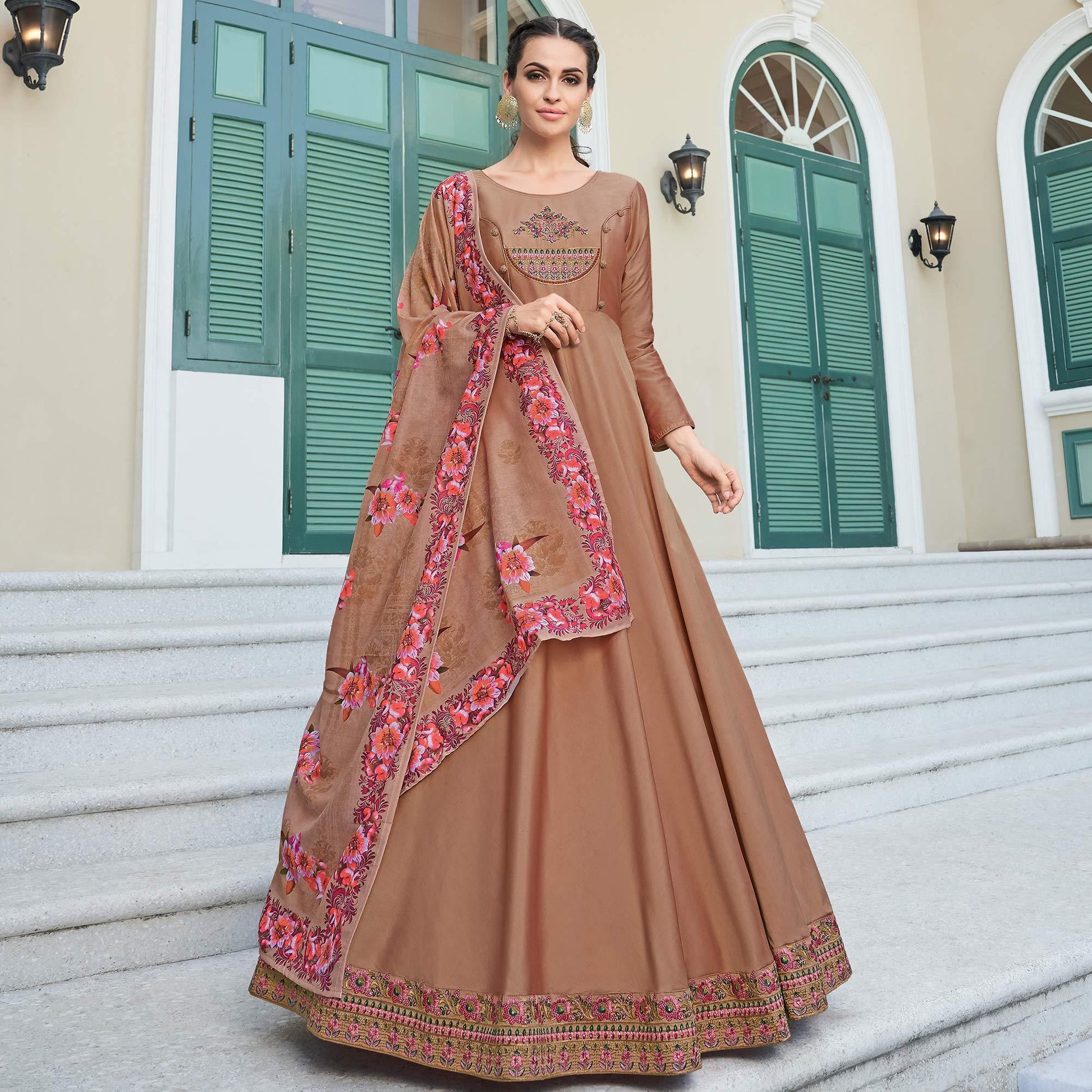 Flattering Brown Colored Partywear Embroidered Silk Anarkali Suit