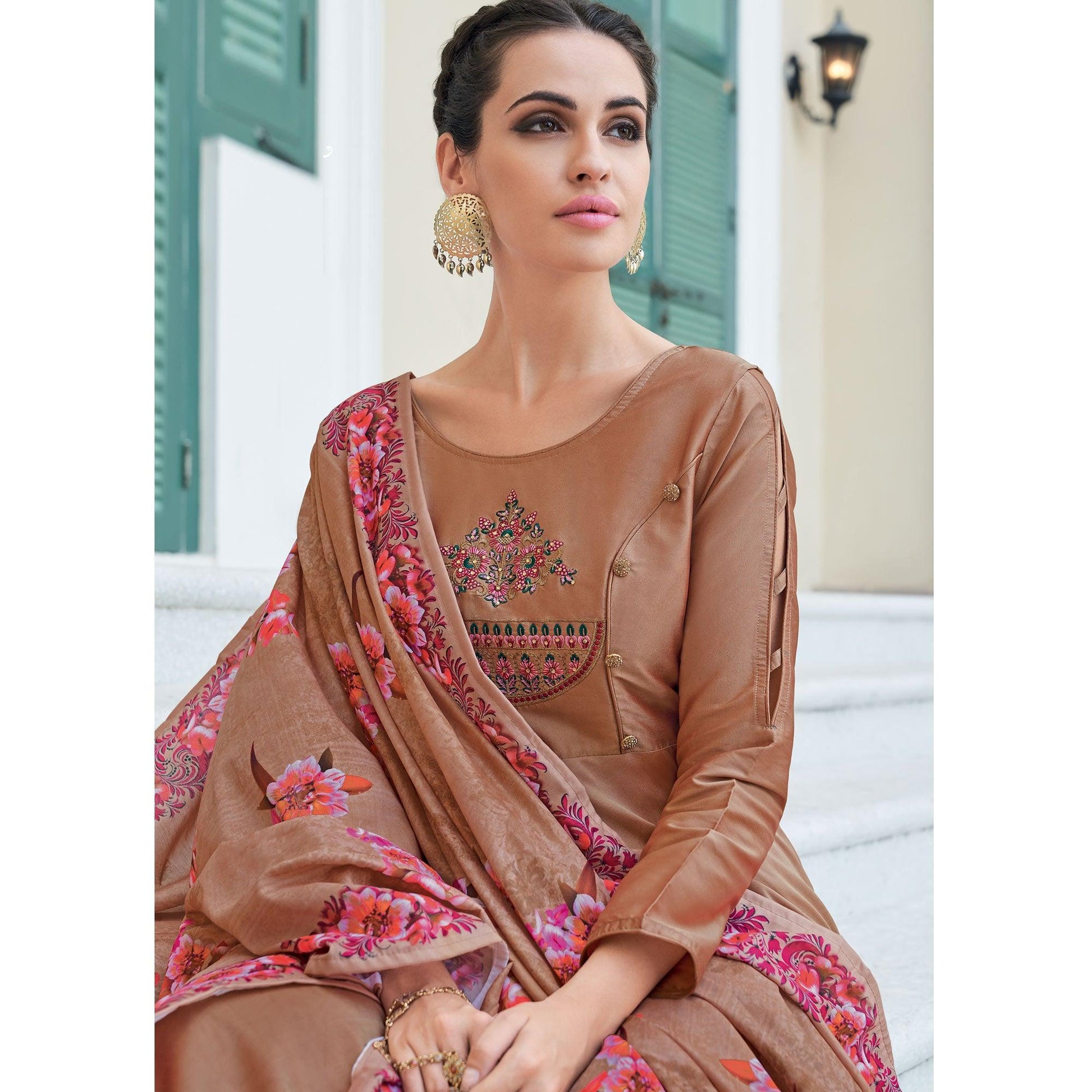 Flattering Brown Colored Partywear Embroidered Silk Anarkali Suit