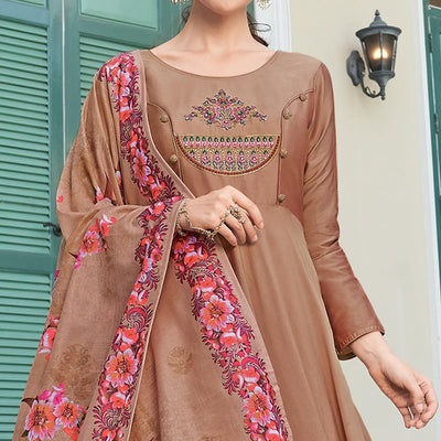 Flattering Brown Colored Partywear Embroidered Silk Anarkali Suit