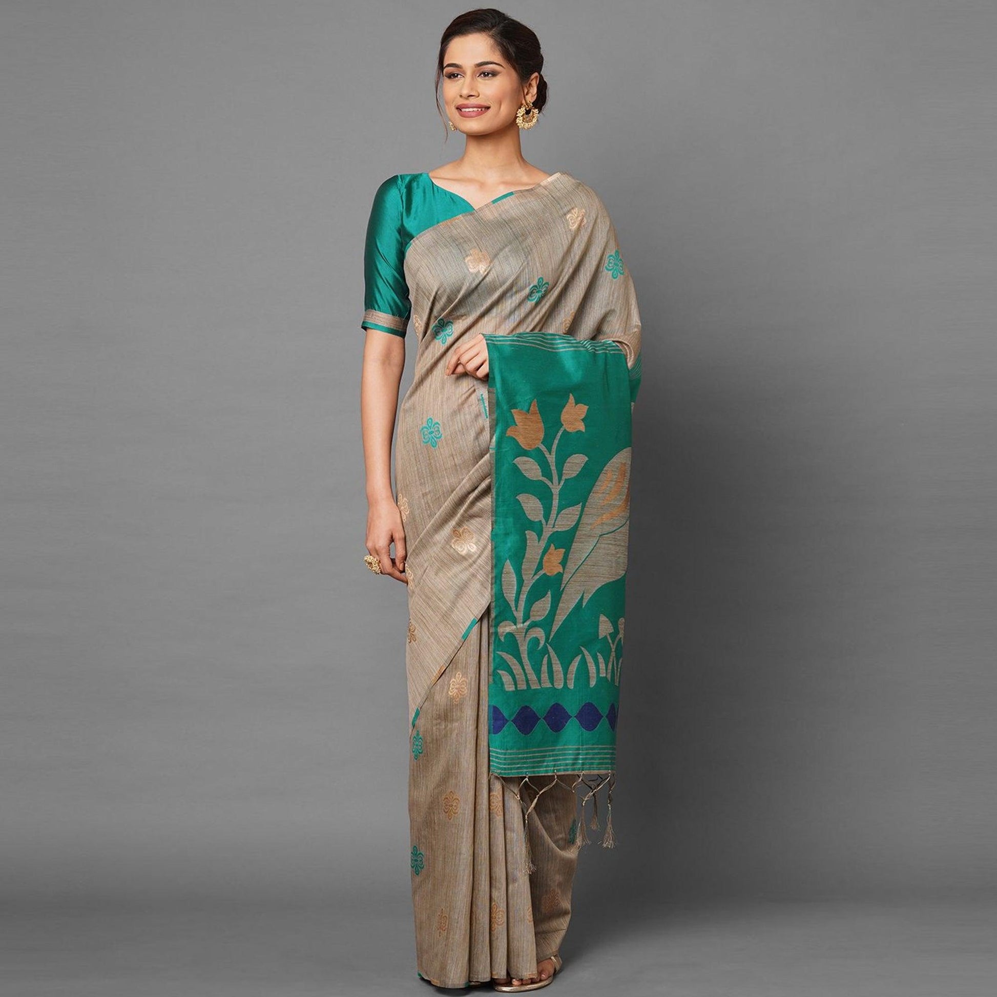Flattering Chiku-Turquoise Green Colored Festive Wear Woven Art Silk Saree