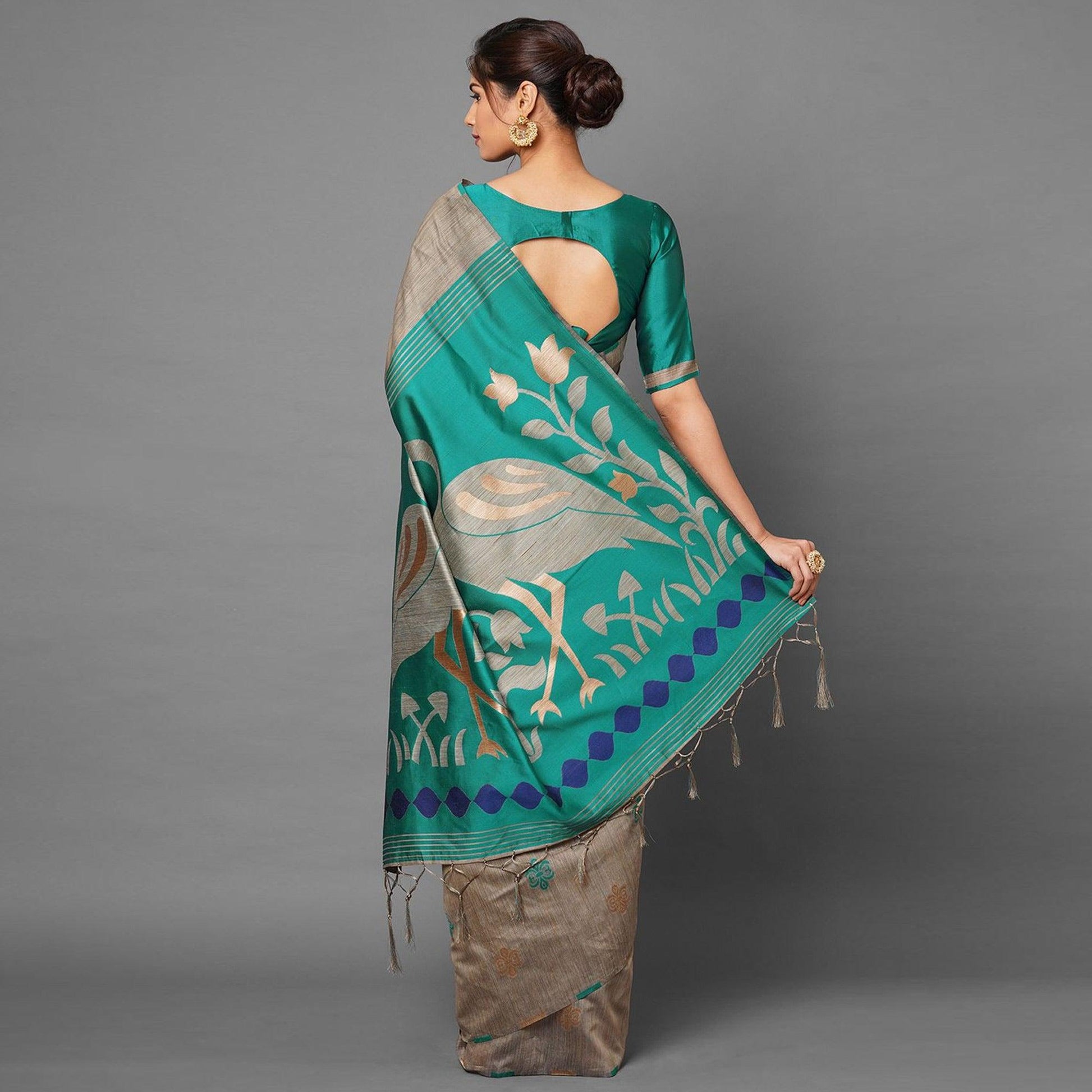 Flattering Chiku-Turquoise Green Colored Festive Wear Woven Art Silk Saree