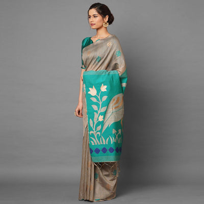 Flattering Chiku-Turquoise Green Colored Festive Wear Woven Art Silk Saree