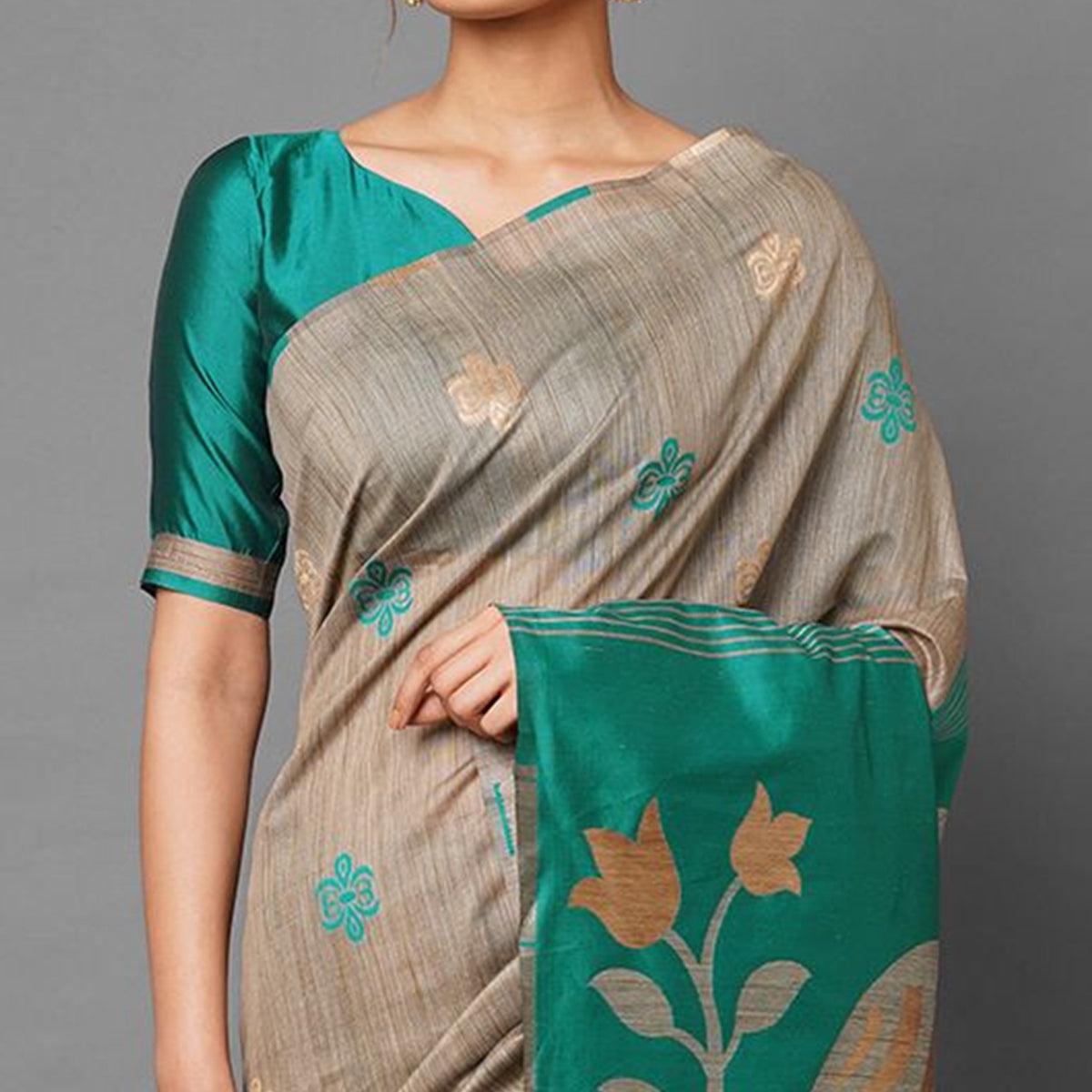 Flattering Chiku-Turquoise Green Colored Festive Wear Woven Art Silk Saree