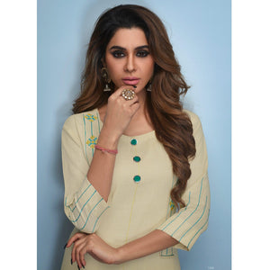 Flattering Cream Colored Partywear Embroidered Rayon Kurti