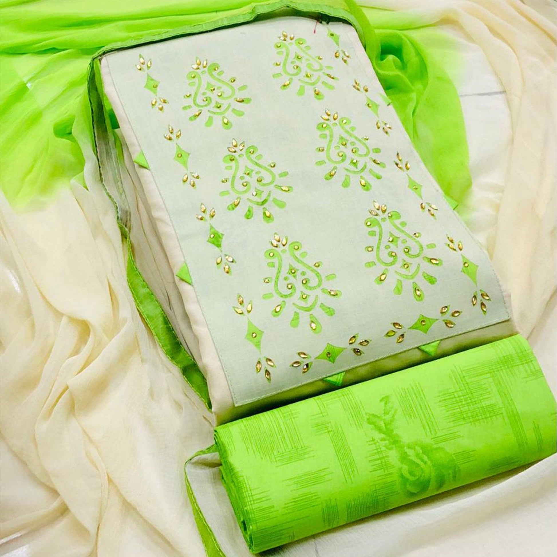 Flattering Cream - Green Colored Casual Wear Printed Cotton Dress Material