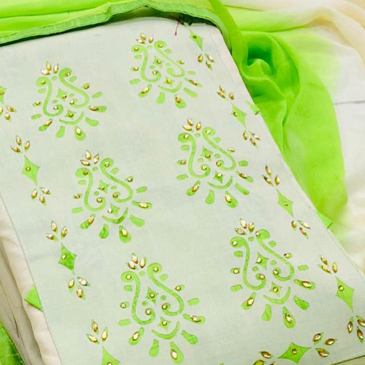 Flattering Cream - Green Colored Casual Wear Printed Cotton Dress Material