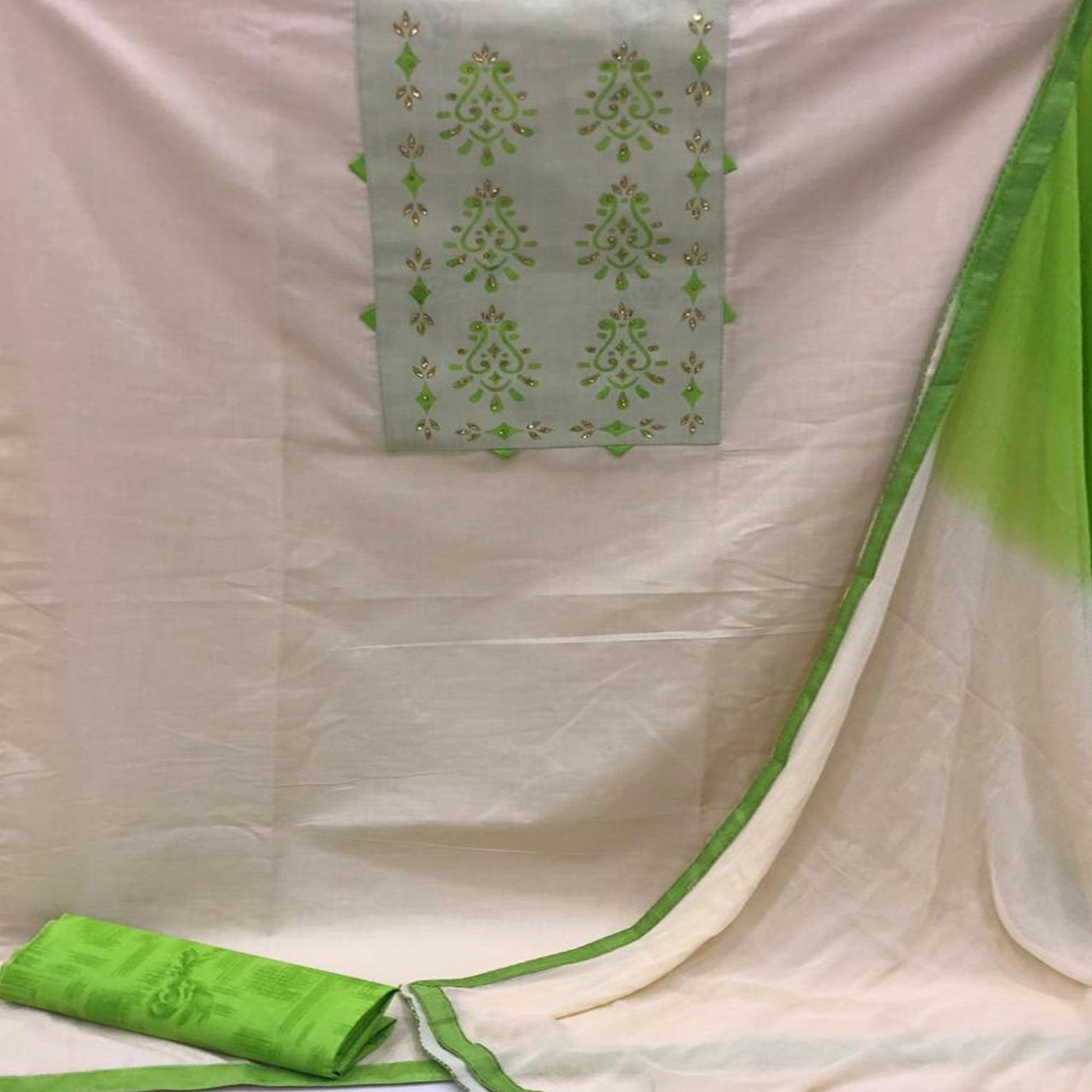 Flattering Cream - Green Colored Casual Wear Printed Cotton Dress Material