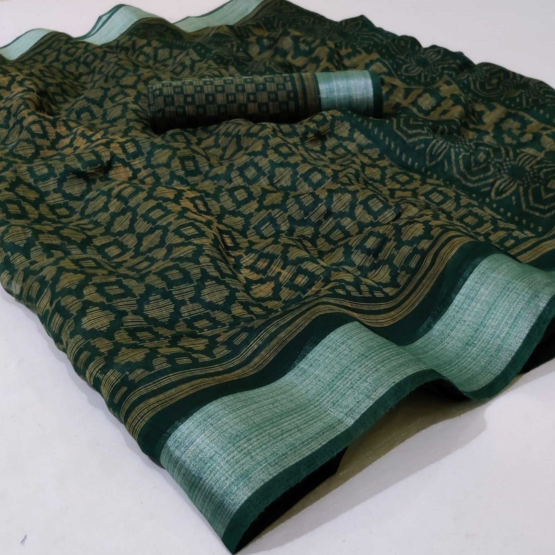 Flattering Dark Green Colored Casual Wear Printed Heavy Cotton Saree