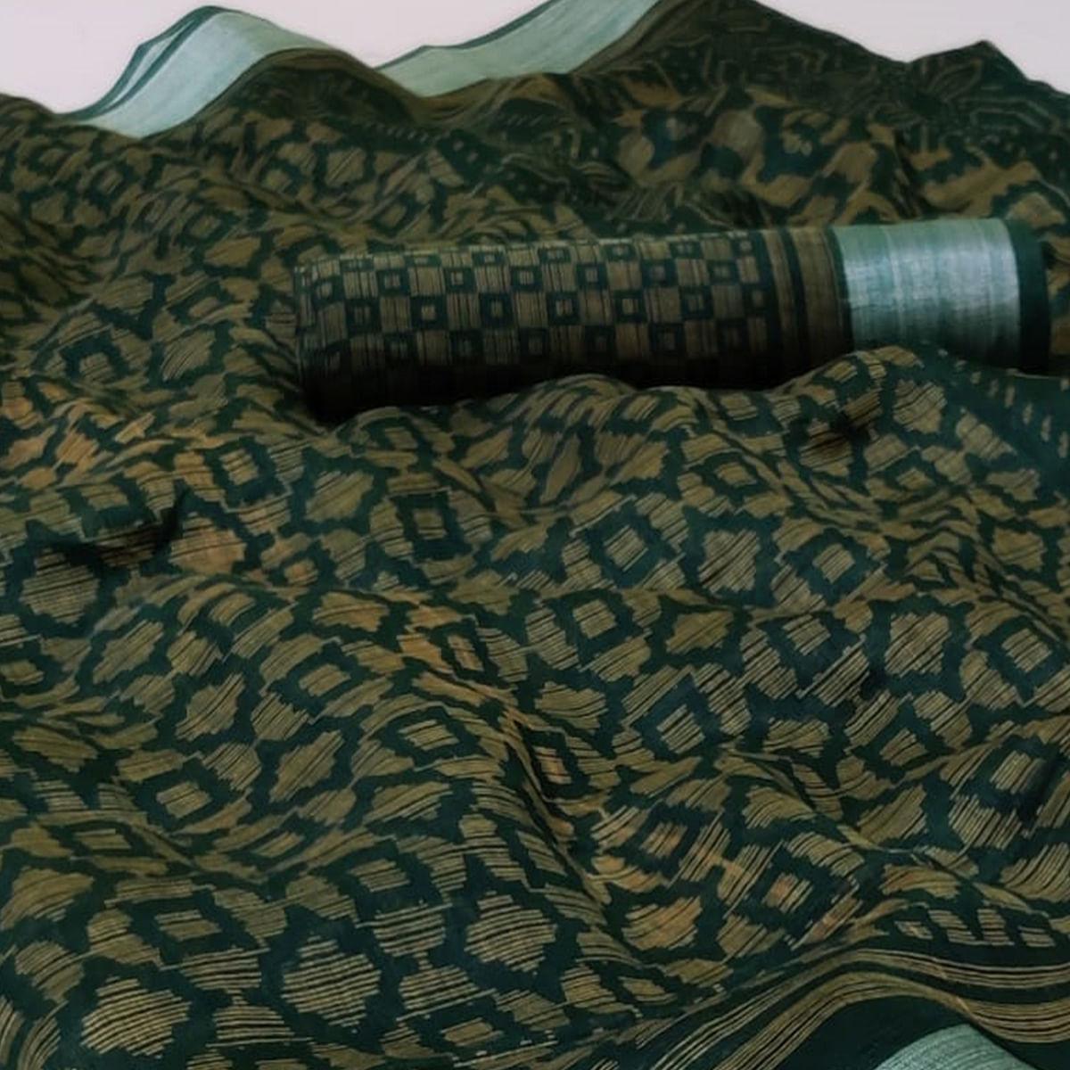 Flattering Dark Green Colored Casual Wear Printed Heavy Cotton Saree