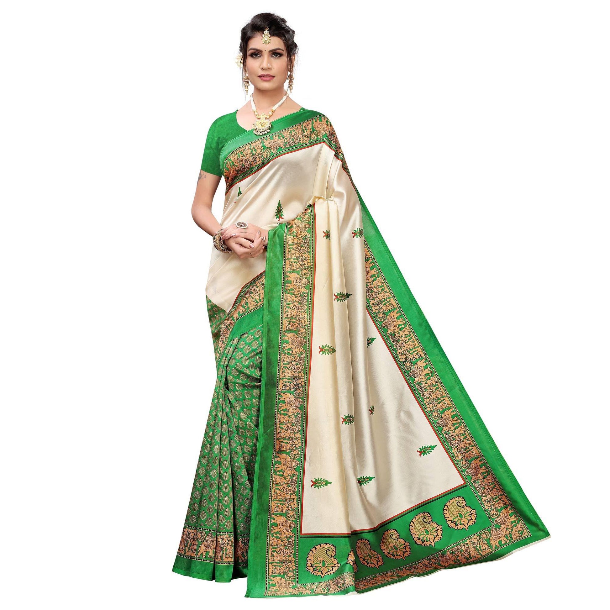 Flattering Green Colored Festive Wear Printed Art Silk Saree