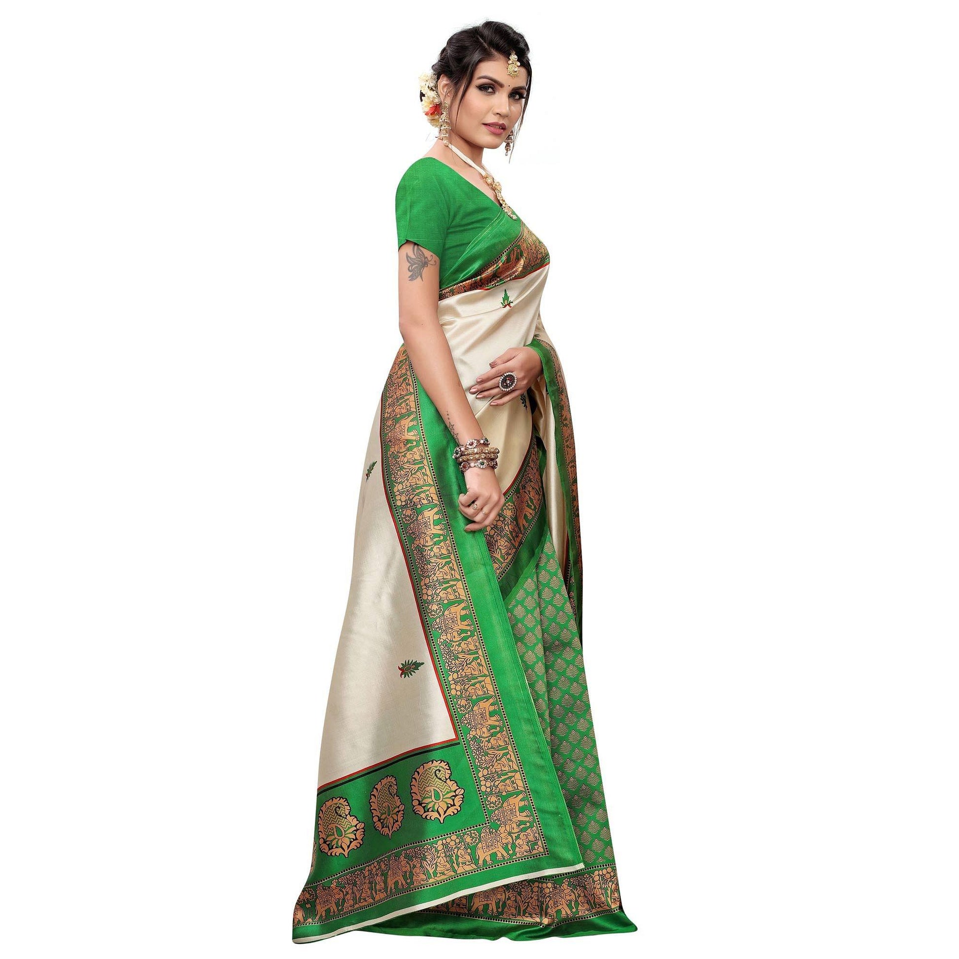 Flattering Green Colored Festive Wear Printed Art Silk Saree