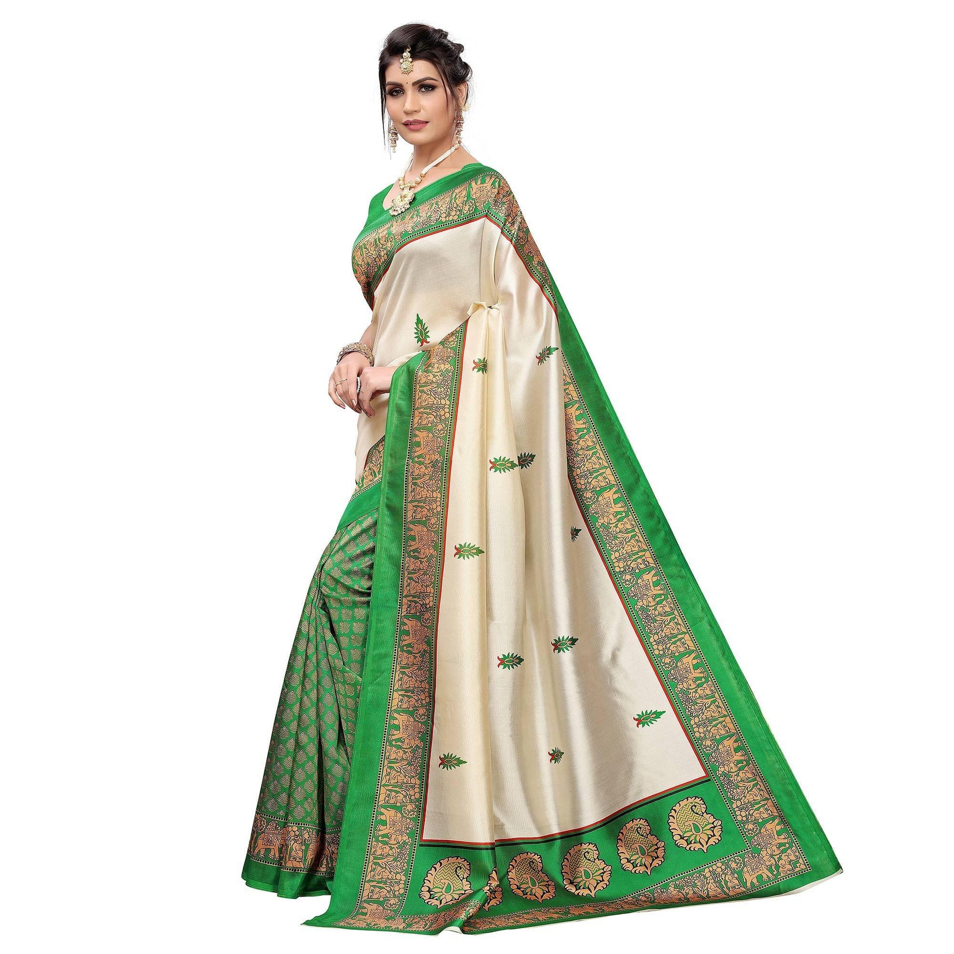 Flattering Green Colored Festive Wear Printed Art Silk Saree