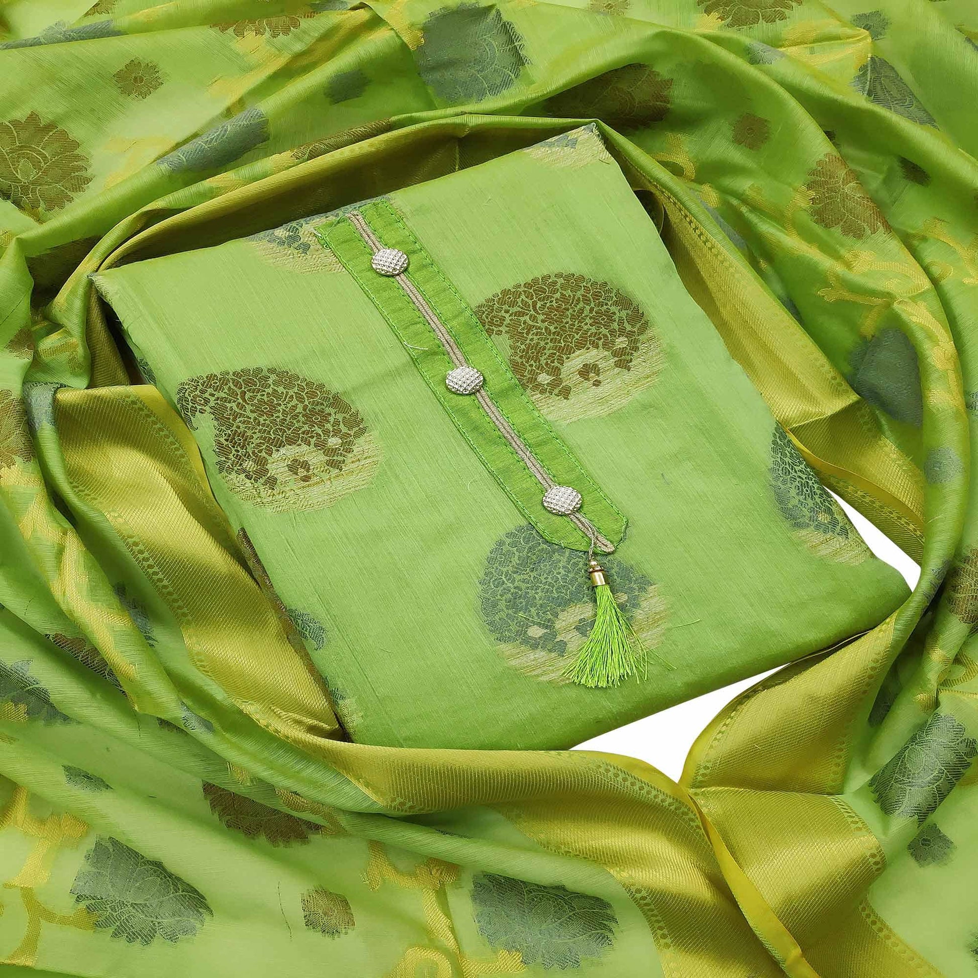Flattering Green Colored Festive Wear Woven Heavy Banarasi Silk Dress Material
