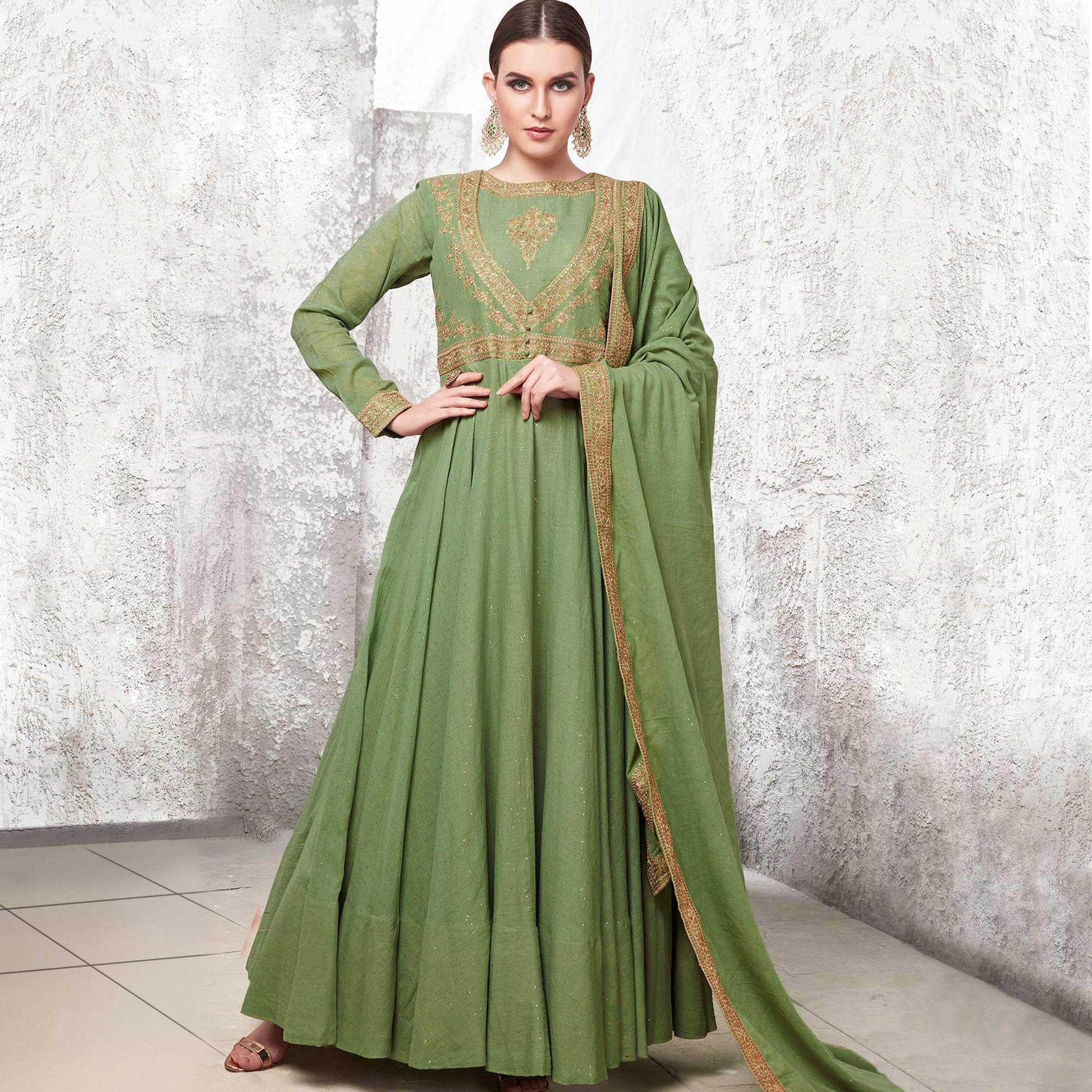 Flattering Green Colored Partywear Embroidered Cotton Anarkali Suit