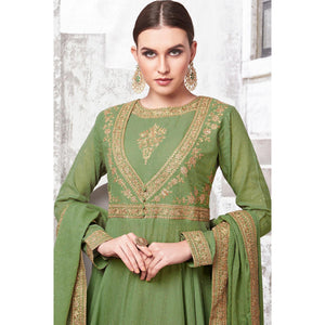 Flattering Green Colored Partywear Embroidered Cotton Anarkali Suit