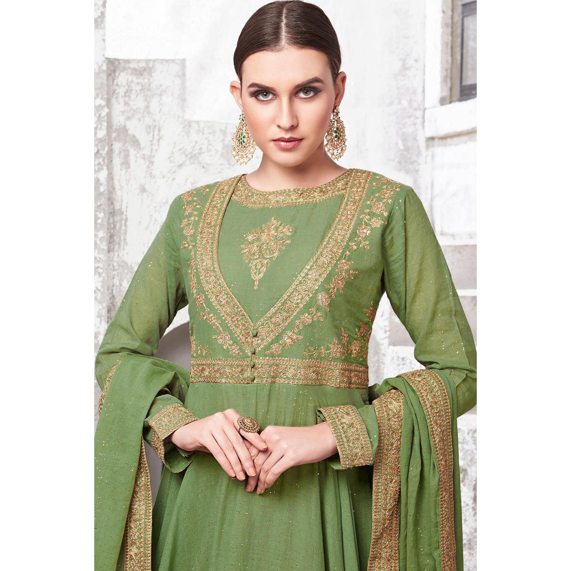 Flattering Green Colored Partywear Embroidered Cotton Anarkali Suit