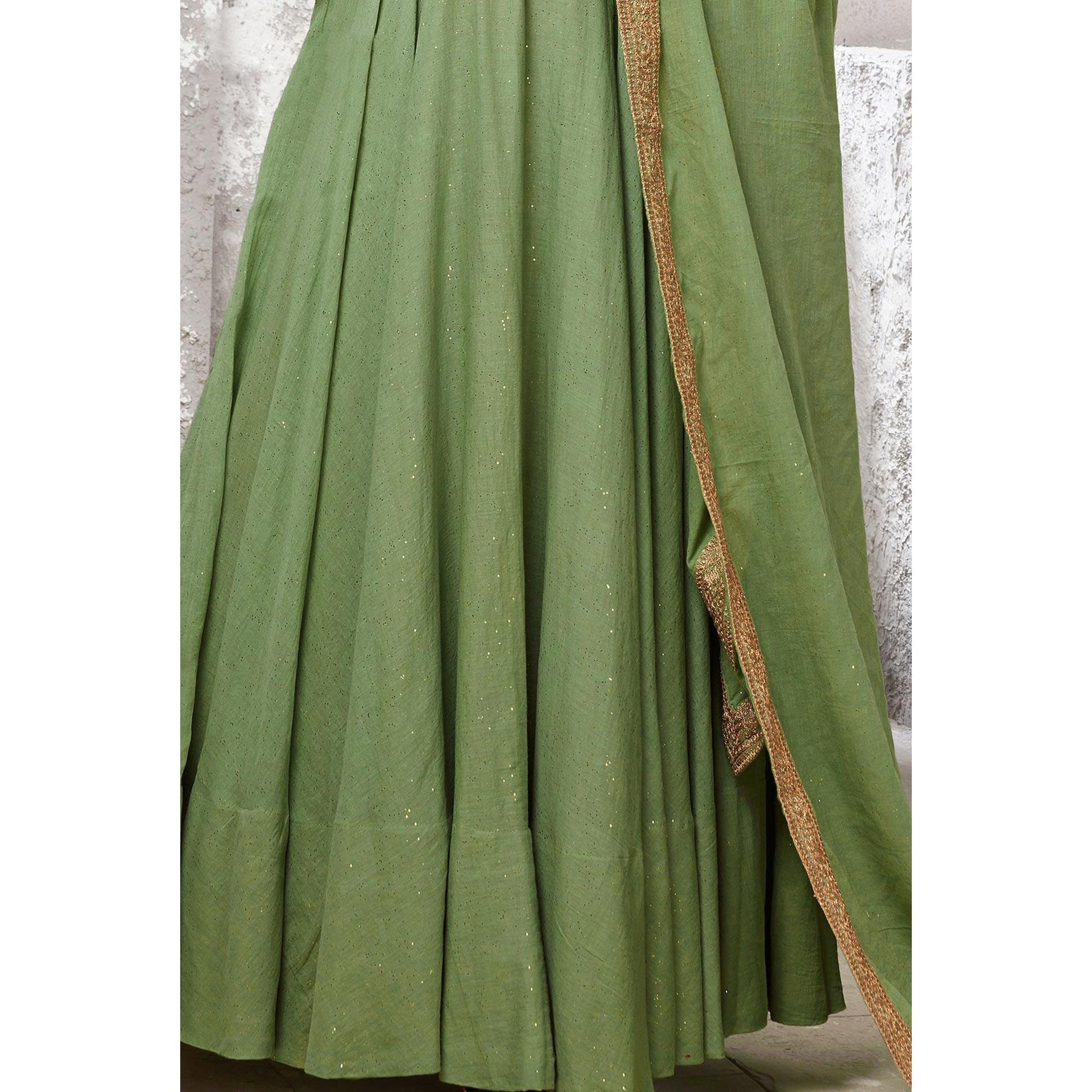 Flattering Green Colored Partywear Embroidered Cotton Anarkali Suit