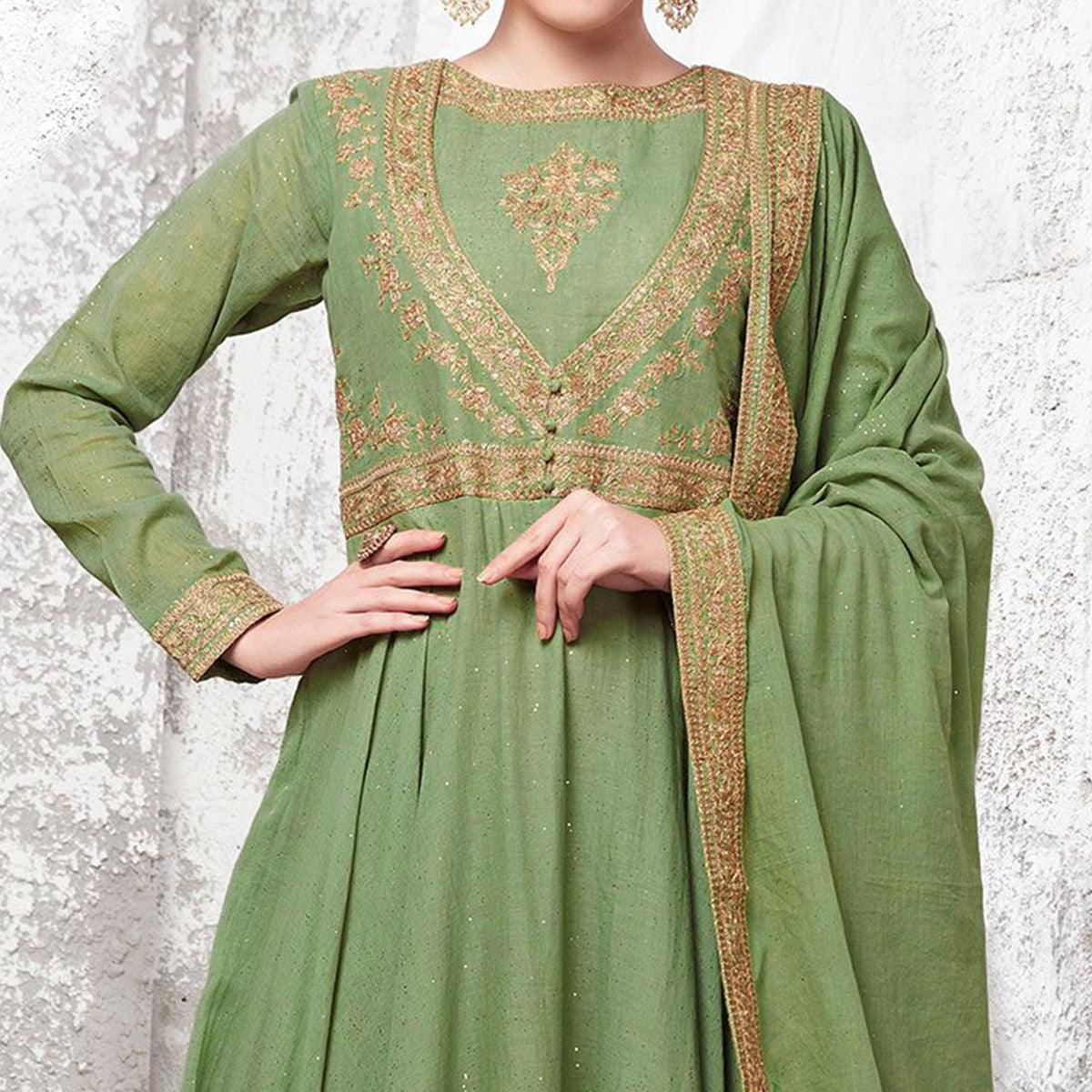 Flattering Green Colored Partywear Embroidered Cotton Anarkali Suit