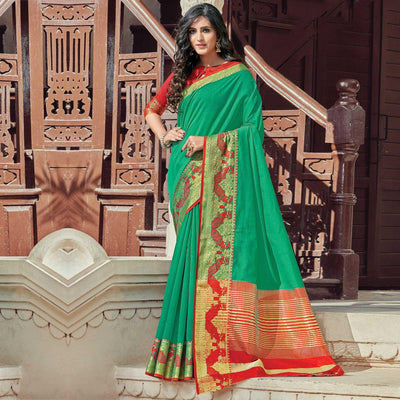 Flattering Green Coloured Casual Wear Woven Cotton Handloom Saree