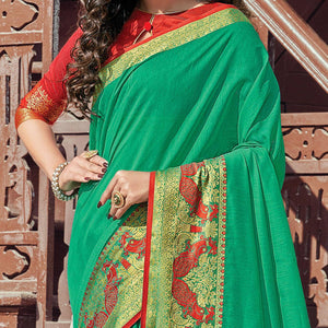 Flattering Green Coloured Casual Wear Woven Cotton Handloom Saree