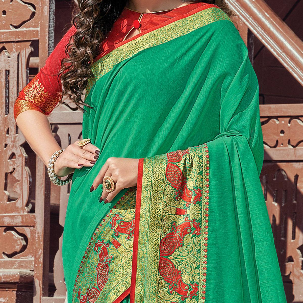 Flattering Green Coloured Casual Wear Woven Cotton Handloom Saree