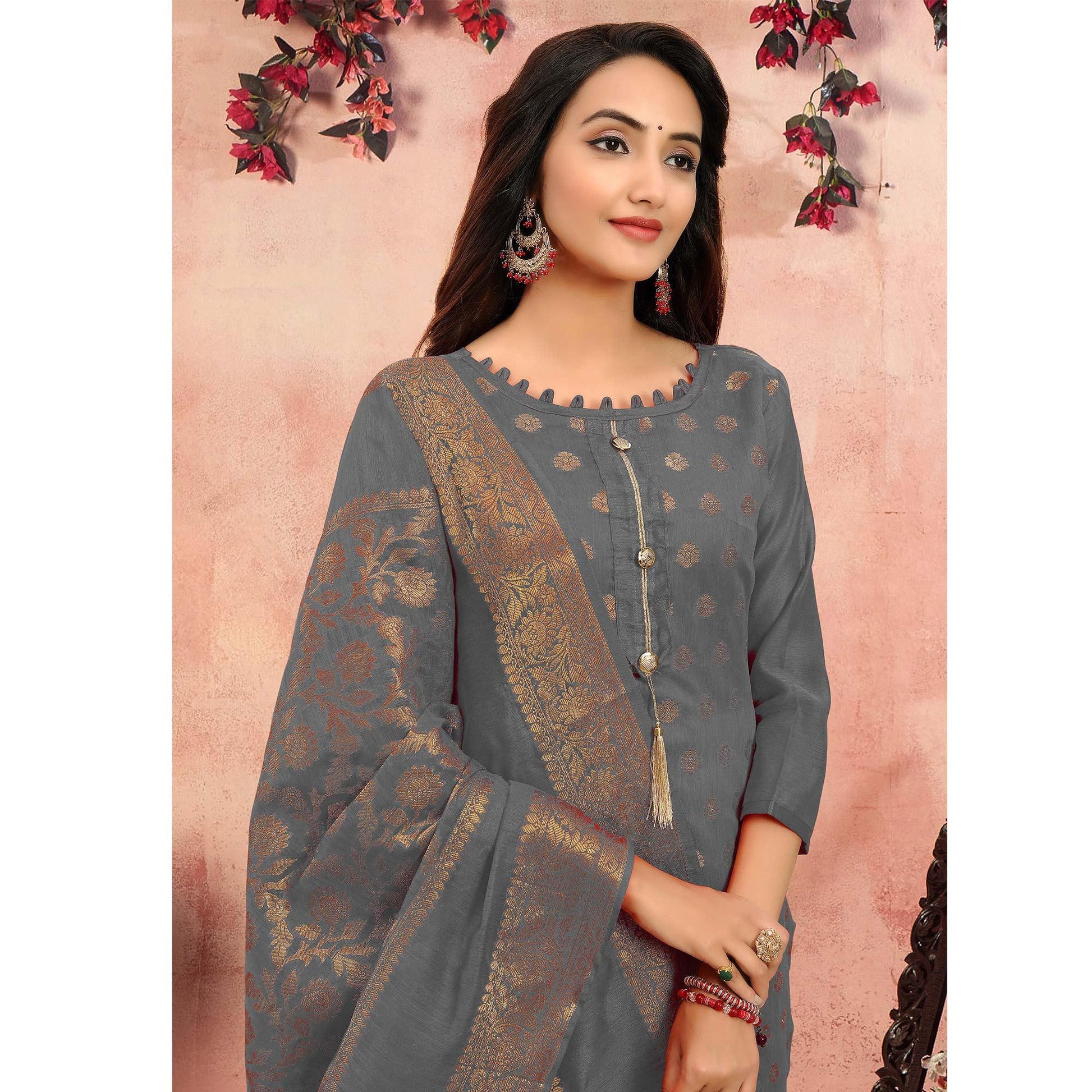 Flattering Grey Colored Festive Wear Woven Banarasi Silk Dress Material