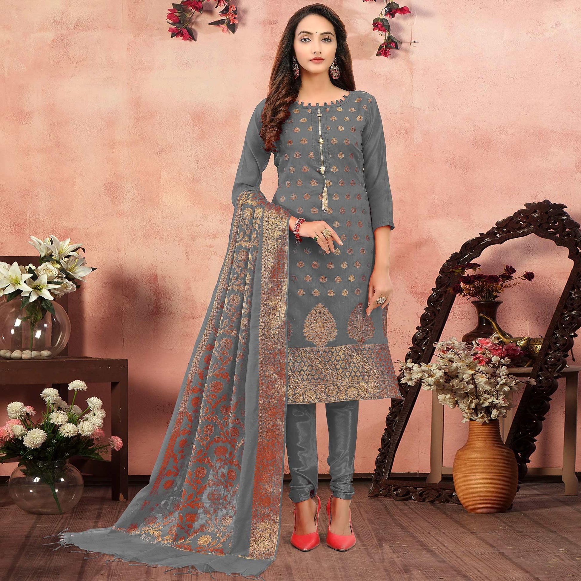 Flattering Grey Colored Festive Wear Woven Banarasi Silk Dress Material